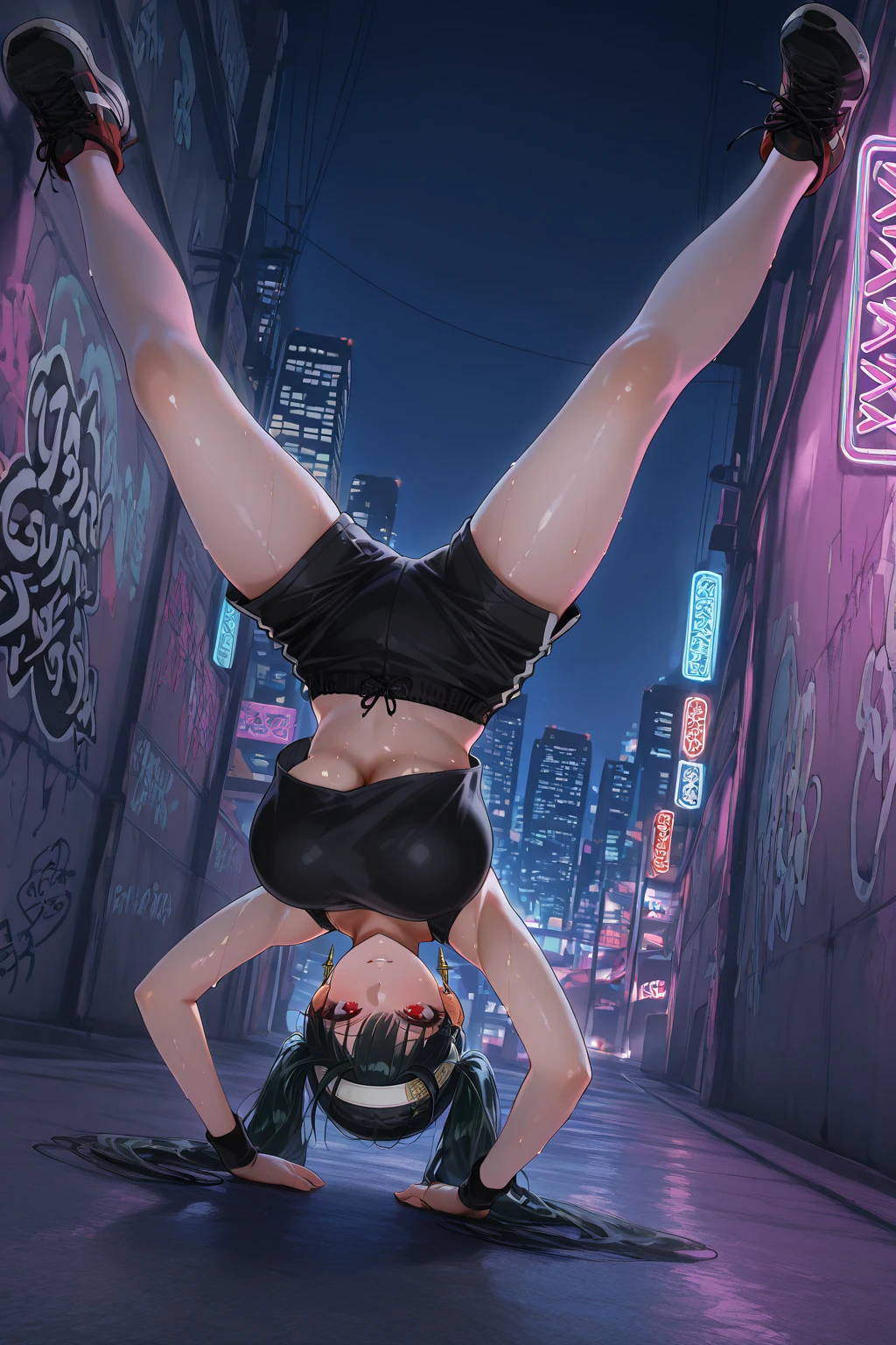 (extremely detailed CG unity 8k wallpaper),(masterpiece),(best quality),(ultra-detailed),(best illustration),(best shadow),(absurdres),1girl, solo,sitting, cyberpunk cityscape,night city \(city\), stealth in the city, scar, small breast, masterpiece, turtleneck sweater, professional artwork, perfect face,perfect eyes,nagatoro hayase, hair ornament, brown eyes, hairclip,dark skin, black hair,tank top, shorts, cowboy shot, black hair, beautiful face, intense look, ((perfect female body, narrow waist)), background city, NSFW, erotic, porn, sex, back view, from back, showing off her ass, grabbing her ass, opening her ass, hands on her ass, pussy lips exposed, juicy pussy, wet pussy,