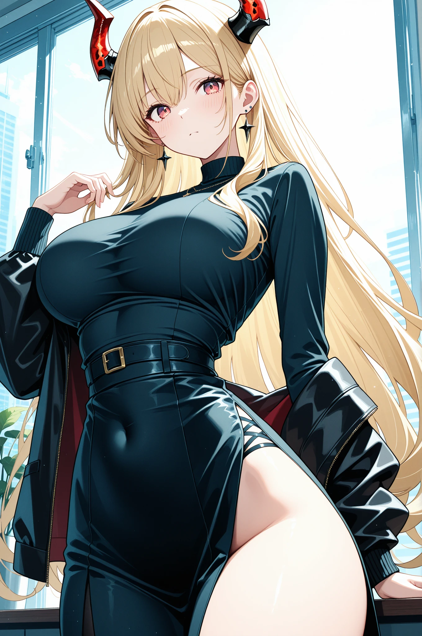 {Highest quality}{One woman, 25 years old}{secretary}{Blonde、Long Hair}{Cross bangs}{Big Breasts}{Blue Eyes、Hanging eyes、Details}{Black short suit with a leather-like finish、Low rise、Belly button、Long skirt、slit}{thigh}{Glare}Half-closed eyes, whole body{stand}{Light lipstick}{Cross your arms}Frowning, Contemptuous eyes, Frowning, {Umbilical cord}{clavicle}{Full Body}{Cleavage}{Contrapposto、Place one hand on hip}{blush}
