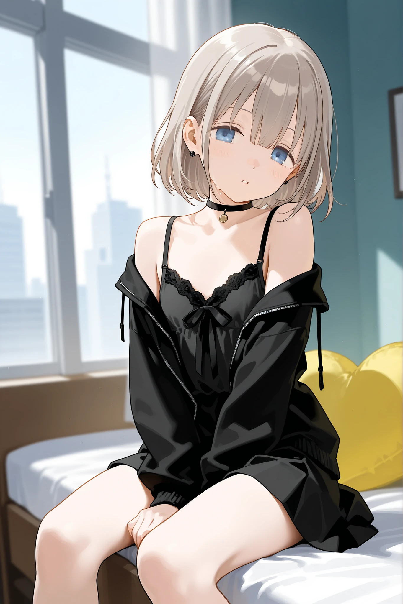 Highest image quality、ultra high resolution、1girl、sleeveless white button shirt、black skirt、Black choker、cute、(platinum blonde hair:1)、((puffy eyes))、Viewer viewing information
