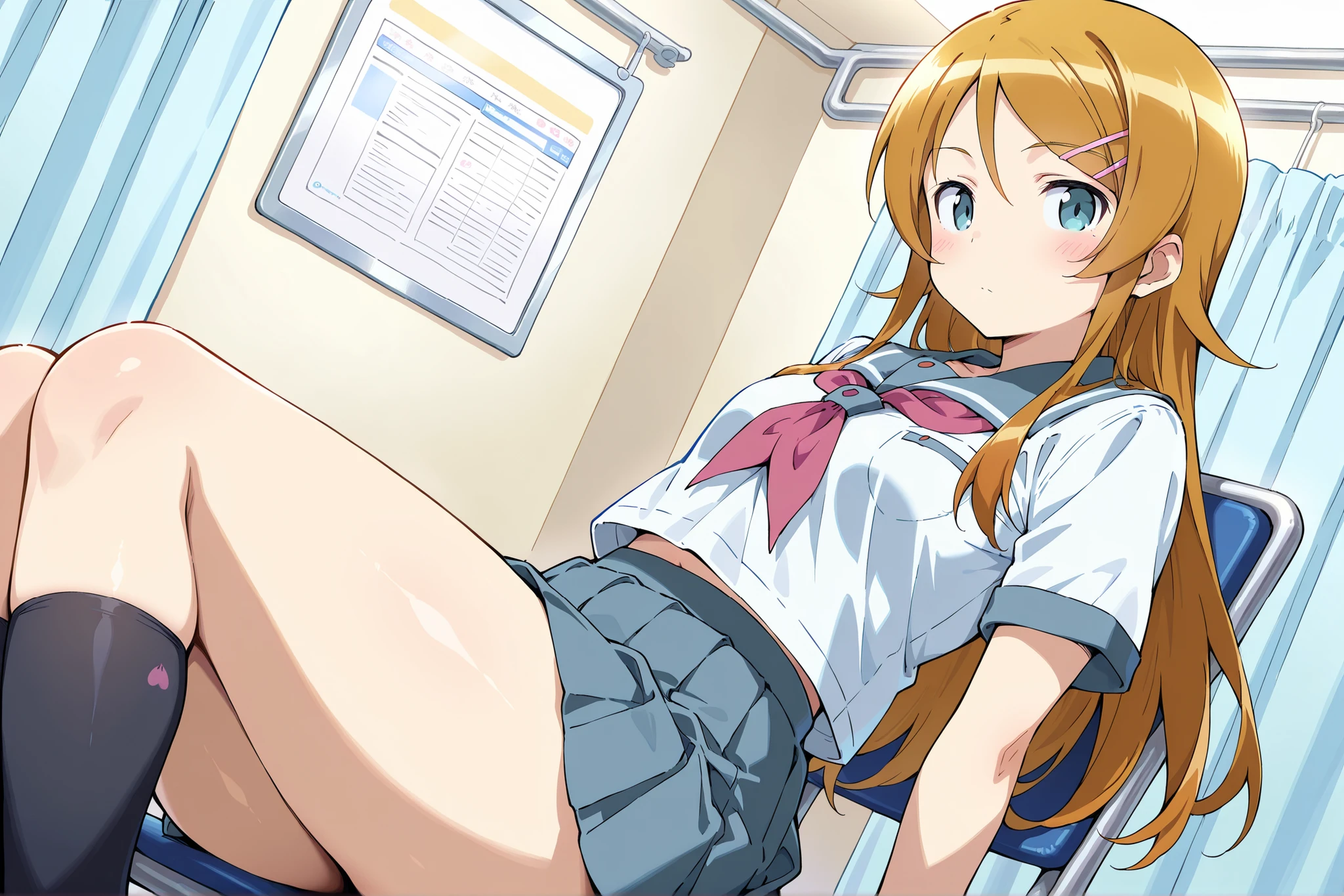 1girl,kousaka kirino, serafuku, blue pleated skirt,short sleeves, red neckerchief,black socks,expressionless,thick thighs,infirmary,sitting on chair,looking at viewer