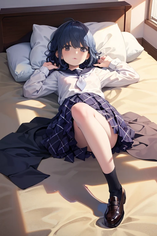 highest grade、masterpiece、HDTV、(full bodyesbian)、(frontage)、(bilaterally symmetrical)、A mature and tall Japanese high school girl、soio、(Full body view from head to toe)、(feet without shoes)、(M-shaped legs)、sitting composition、Composition with legs spread and crotch visible、Slightly low angle、(White ruffled panties)、small tits、(Black tights)、(black pantyhose)、(Composition showing white panties)、A very beautiful and tall 17 year old girl.、(I'm not wearing shoes)、(bangss)、Unkempt hair、(hair clips)、pale blush、Looking at the camera、slender leg、 High School Uniform Blazer、High School Uniform White Blouse、high school uniform blue ribbon、High school uniform plaid and navy pleated skirt