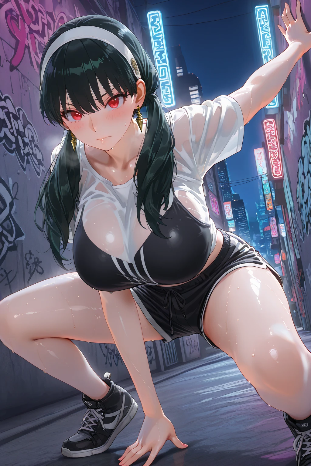 ((masterpiece,Highest quality:1.3,best quality illustration)),realistic,cowboy shot,solo,1woman,(1 beauty),black hair,long hair,bangs,black eyes,gorgeous big eyes,((very small head:1.3)),shy,tongue,((very long body:1.2,skinny)),large breasts,(Punk Fashion,Black leather camisole、Black leather tight mini skirt、black_thighhighs),sweat,gleaming skin,toned body,slender body,orgasm,motion line,kneeling,World of Blade Runner、nsfw