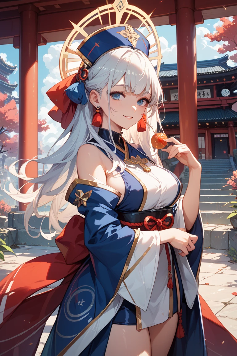 girl, ancient chinese costume, whole body, sunlight, aggressive look, ponytail, masterpiece, Super detailed, great composition, ultra hd, high quality, very detailed, official art, uniform 8k wallpaper, Super detailed, 32k、Lustrous white hair、blue eyes、kung fu、move hair、Wind、（white and black costume）、hair ornaments、provocative look、（（small breasts））