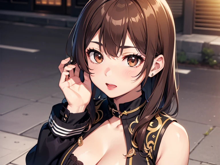 (absurdres, 8k, 4k, masterpiece, hyper extreme detailed:1.2), solo, 1girl, front view, perfect face, 1girl, portrait, expressive eyes, looking at viewer, solo, standing, Female, toned body, mature female 1girl, genie, zodiac, shirt over 1 shoulder, Brown bikini, long sleeves, necklace, long Brown Hair, city background, headband, Brown eyes, Brown skirt, small bust, rings, bracelets, charismatic, crazy face, crazy eyes, crazy smile, perfect ???????, half body, l1girl, solo, brown shirt, gold letters, graphic t-shirt, bracelets, rings, necklace, jewelry, arm sleeves, fingerless gloves, manipulative, gaslighting, friendly, hands behind back,