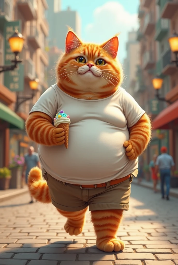 A large, overweight orange tabby cat wearing blue shorts and sneakers walks down the aisle of a grocery store, looking up with a curious expression. The fluorescent lights cast a bright glow on the cat and the tiled floor.  Photorealistic, 3D rendering, style of Pixar's "Finding Nemo".  The background is a blurry supermarket aisle with shelves stocked with canned goods.  The lighting is bright and slightly overexposed, with a warm color temperature.