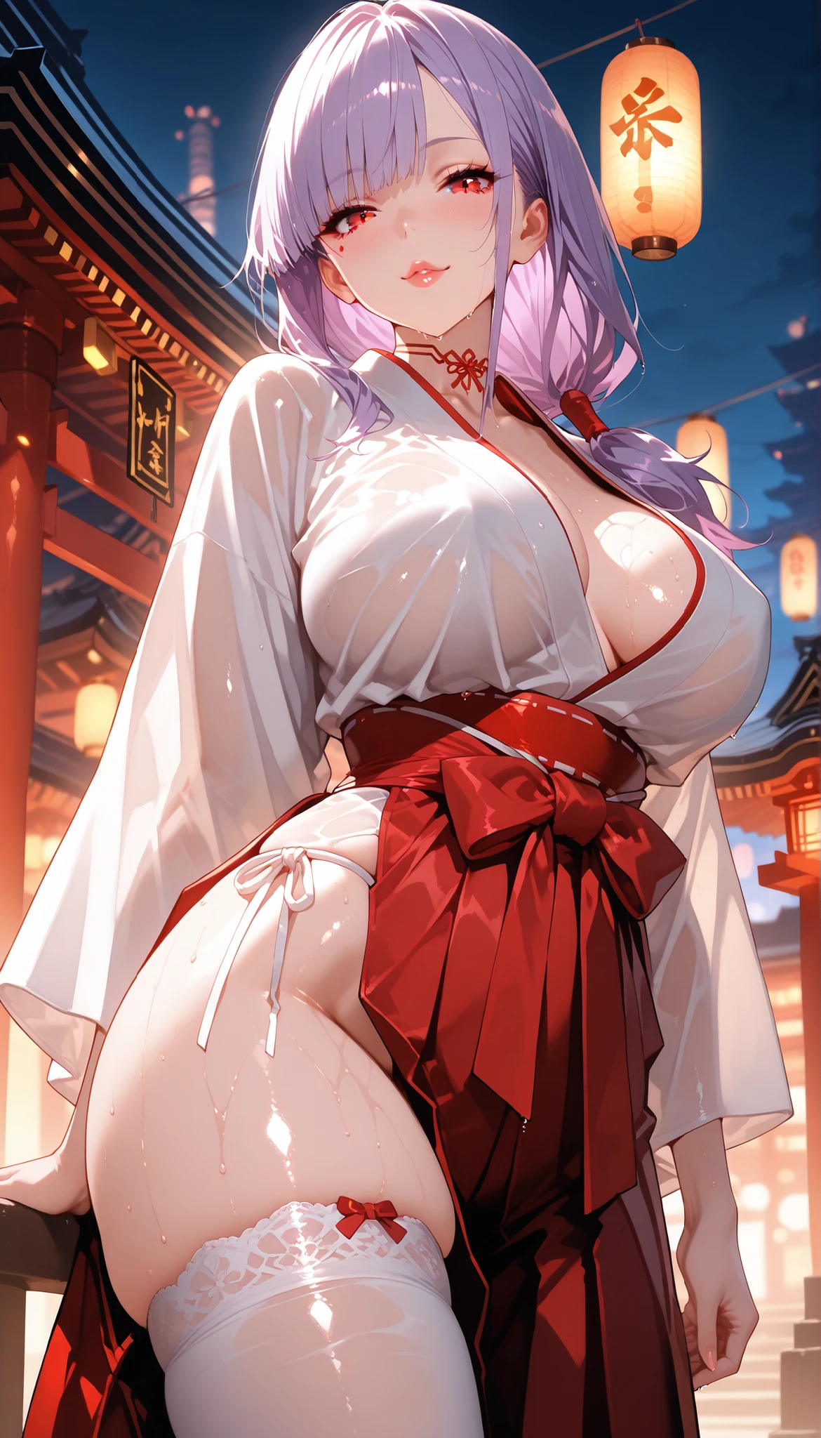 1girl, solo, oni girl, japanese kimono, large breasts, Black oiran's kimono, bare shoulders, Cleavage, Demon Horns, sharp claws, tooth, dark skin, long hair, athlete, bangs, hair over one eye, bare thgihs, ((erotic)), erotic smile, (nose blush), ((Glowing Skin)), squatting, spread legs, from below, ふんどし