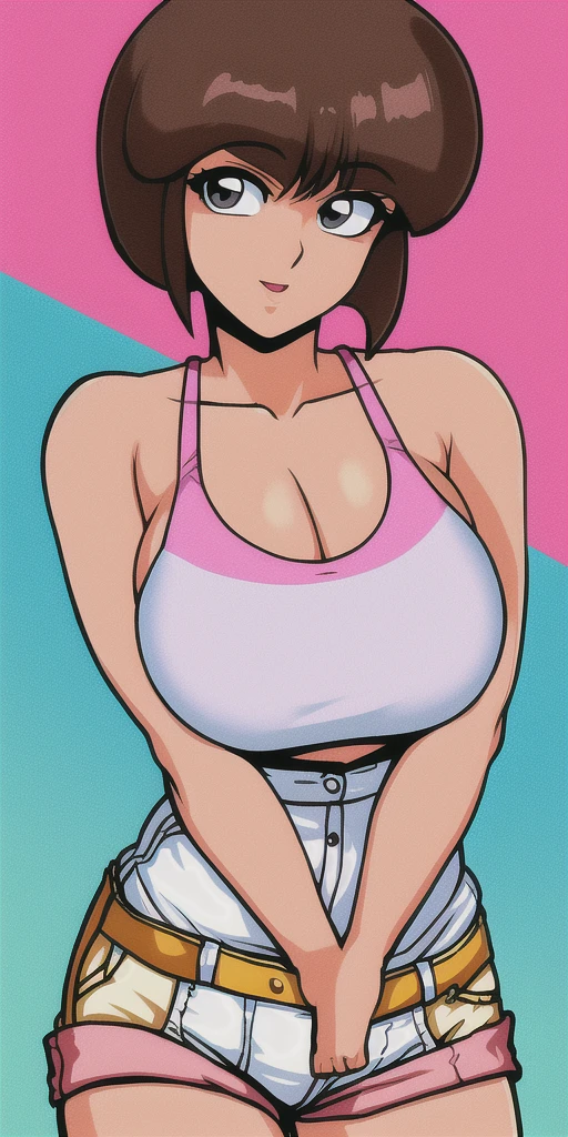 1 girl, solo, brown curly hair, black eyes, pink shirt, pastel colors, big breast, narrow waist, lipgloss, cap, korean, straight bangs, pink cheeks, sexy, professional, smart, elegant, hot, sultry, fuck