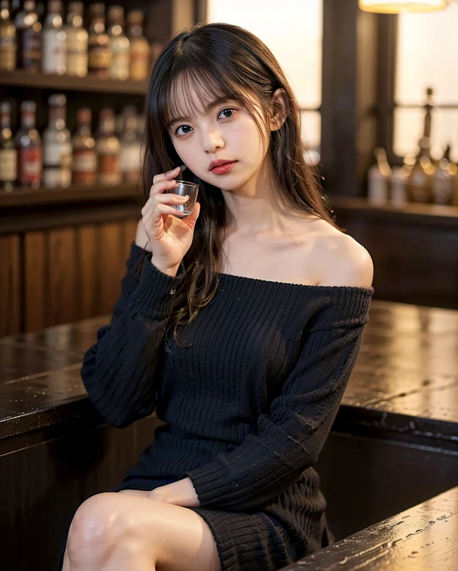 Gray sweater,Extra-long hair,Exposed shoulder,Burgundy leather coat,dining room