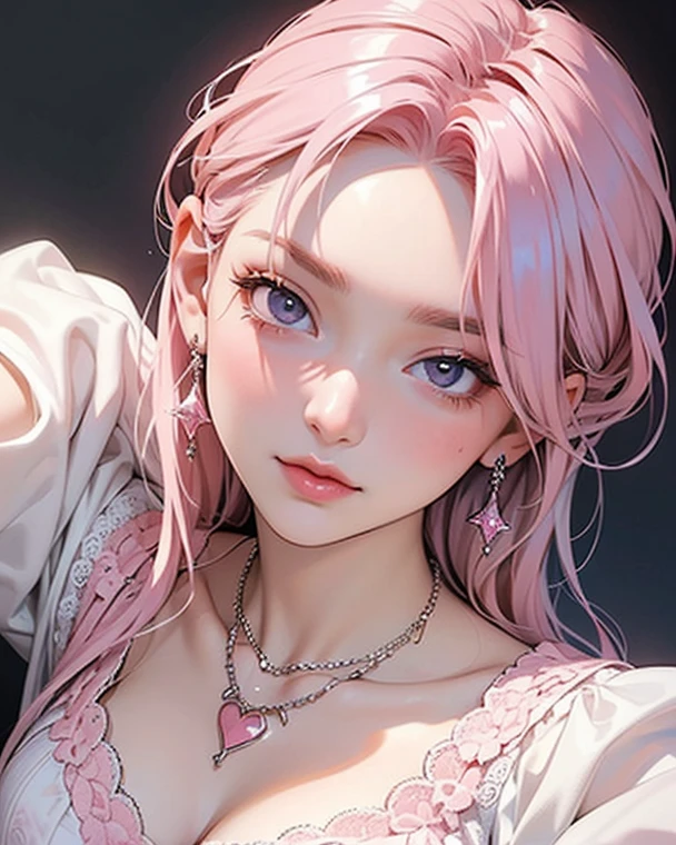 8k,Confused, High resolution, Very detailed, 1 girl, alone, Very beautiful eyes, Ultra-precise depiction, Artistic、Very detailed depiction, (Tangled:1.2), , (White high key background:1.5), (((Pink off-shoulder dress 1.5))), 、 short hair、Earrings and Necklaces、Platinum Blonde Hair, (Glowing Skin), Many colors, , (Shooting from above:1.2),、Flat Body、slim、cute、、Round face、Cast a Shadow、、Smile 1.3