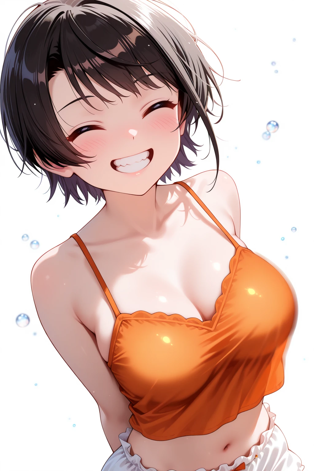 Ahegao by Sasaki Kanna, Yellow Tank Top, underboob, Sweat, Black hair twin tails, Big Breasts, Smile, Naughty smile, Drooling, Sweaty big tits, Sweat dripping from the lower breast