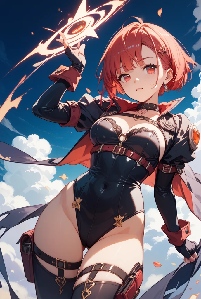 full body,1 woman, 20 years old (cute:1.3),short red Hair, left eye blue, right eye yellow, tan skin, freckles,{open sexy clothes, black skirt, Black stockings, long sleeves, chest harness, black shirt, crop top, shorts, Shoes, O-Ring, midriff, off shoulder, big breasts, thigh strap, shorts, fishnet stockings,Glossy, shiny material, sprinting across the frame