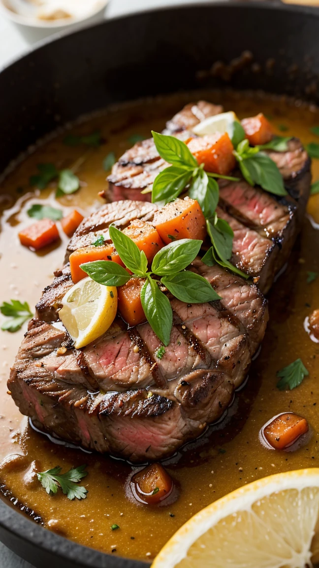 sirloin steak flourished with garnishes, on a dark plate, pouring with vealjuz and baby carrot, food, exotic food, exotic dish, luxury dish, restaurant food,
soft brush, (digital painting:1.2), wide shot, (extremely detailed CG unity 8k wallpaper), realistic, realism,
