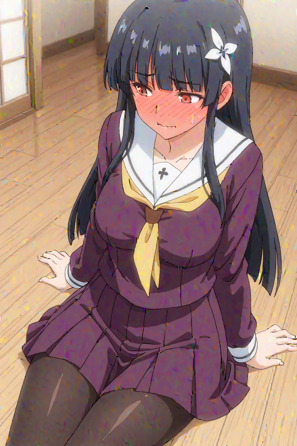 (masterpiece, highest quality: 1.2), alone, 1 girl, alone, panties，，blush，Sailor suit，blazer，your heather, smile, Mouth closed, View your viewers, Long black hair, head band,  Earrings, Big Breasts, Medium Waist, Medium Hips, wide thighs, Embarrassing, Charm, smiling with her Mouth closed, Good move.., Excellent anatomy,panties，classroom，，Sailor suit，blazer，skirt， (((skirtめくり, I can see your pants)))，Spread your legs，Spread your legs