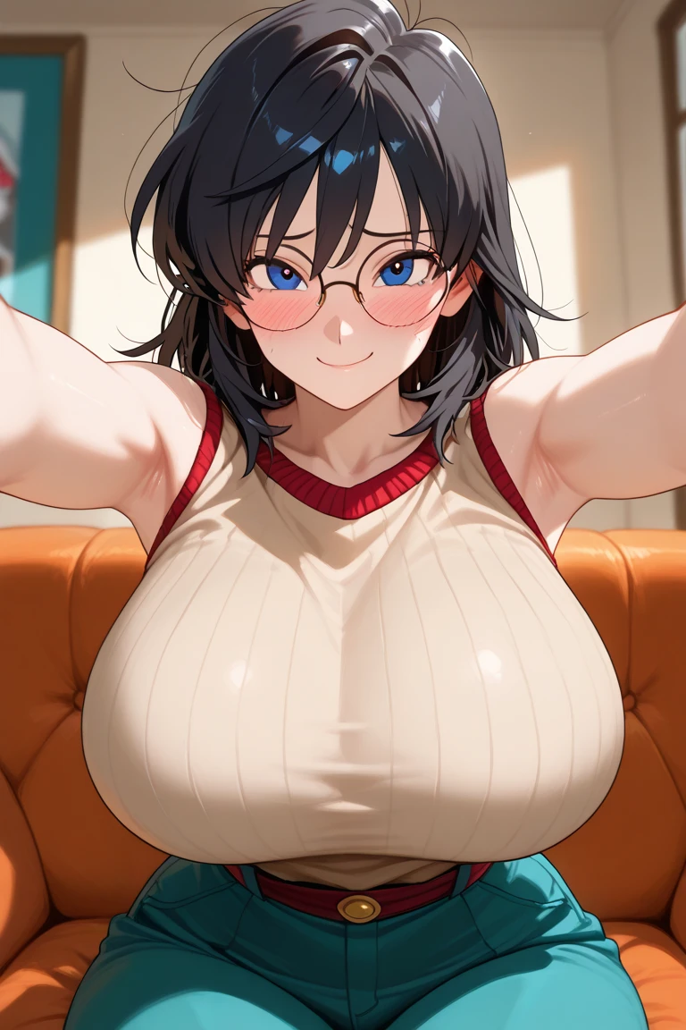 sexy woman, mature milf, huge breasts, large breasts, curvy, voluptuous, completely nude, nude, pussy, nipples, black hair, brown eyes, tomboy pixie cut hairstyle, necklace, earrings, smile, standing, solo focus, leading news, in news studio, big screen in the background, indoors