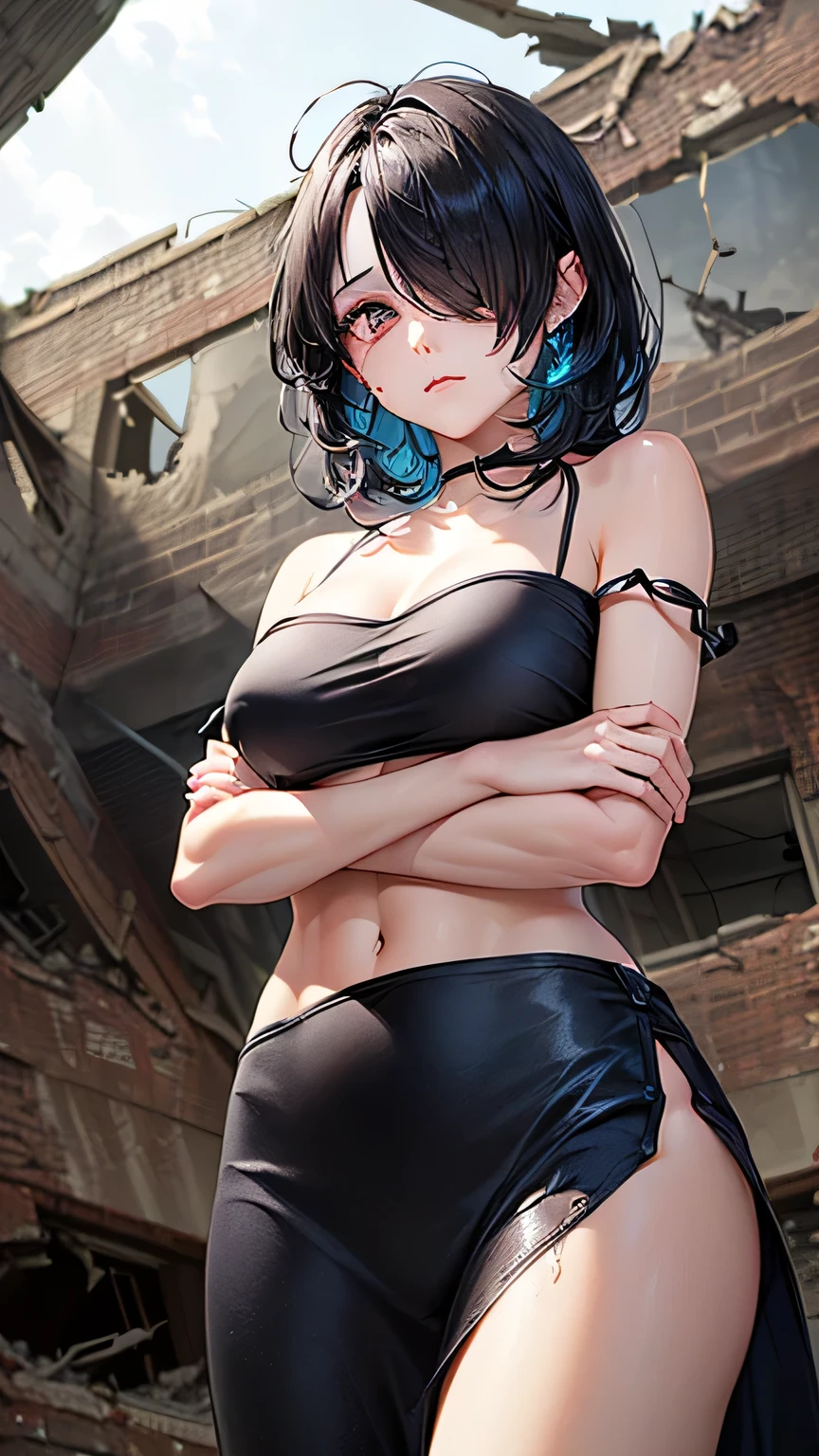 1 girl(Yoruichi Shihouin - Bleach), detailed face, striking facial features, high cheekbones, piercing eyes, confident gaze, long legs, slender figure, fit body, tanned skin, medium breasts, sitting in squat position, NSFW, 8k, high quality, photorealistic, hyperrealistic, cinematic lighting, dramatic shadows, chiaroscuro, moody atmosphere, realistic textures, intricate details, beautiful, elegant, sensual