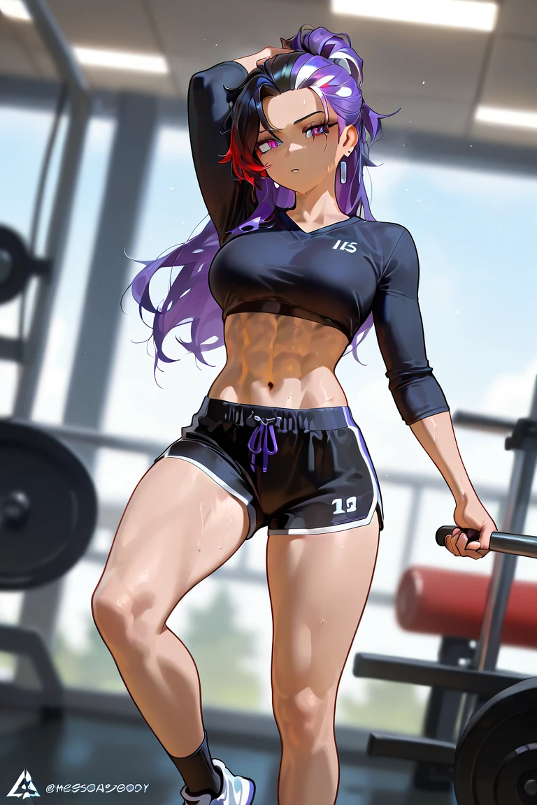(8K、highest quality、masterpiece:1.2)、anime coloring、super resolution、Realistic、(1girl) 、(purple gradient hair,ponytail)、(contrapposto),long straight hair,(red eye),(forehead:1.2),(face focus,cowboy shot),(black sports bra,string panties :1.3)、(clear face:1.3),(cute face)、((oil skin:1.6)),(small breasts),gradient background、(muscular:1.6)、