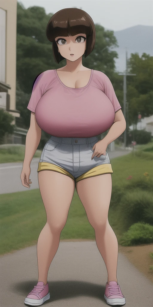 An attractive sexy girl with a big breast, long black hair, her brown eye, wears a blue armor bra, shows her navel, and a long pink skirt, light blue heels.