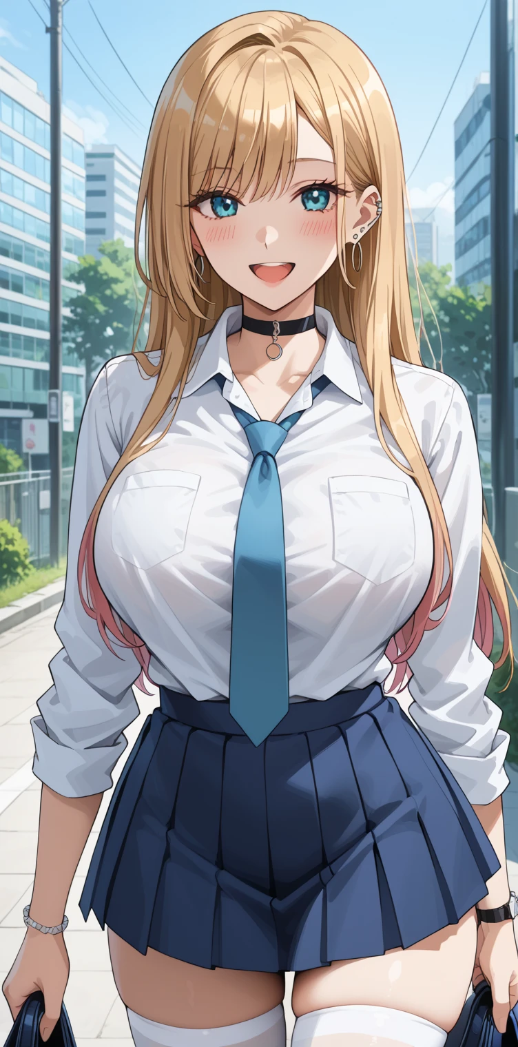(best quality masterpiece:1.2) 8k, on the street, pee, 1girl, big breast, big areola, blonde hair, long hair, multicolored hair, pink glasses, red eyes, jewelry, earrings, piercing, school uniform, white shirt, tied shirt, black choker, blue necktie, micro pleated skirt, no panties, no bra, black thigh high, thigh gap, smells, LOW angle, medium shots 1:2 , from below, lower view, pubic exposed, blush face, random posed, lewd smile, wet thight.