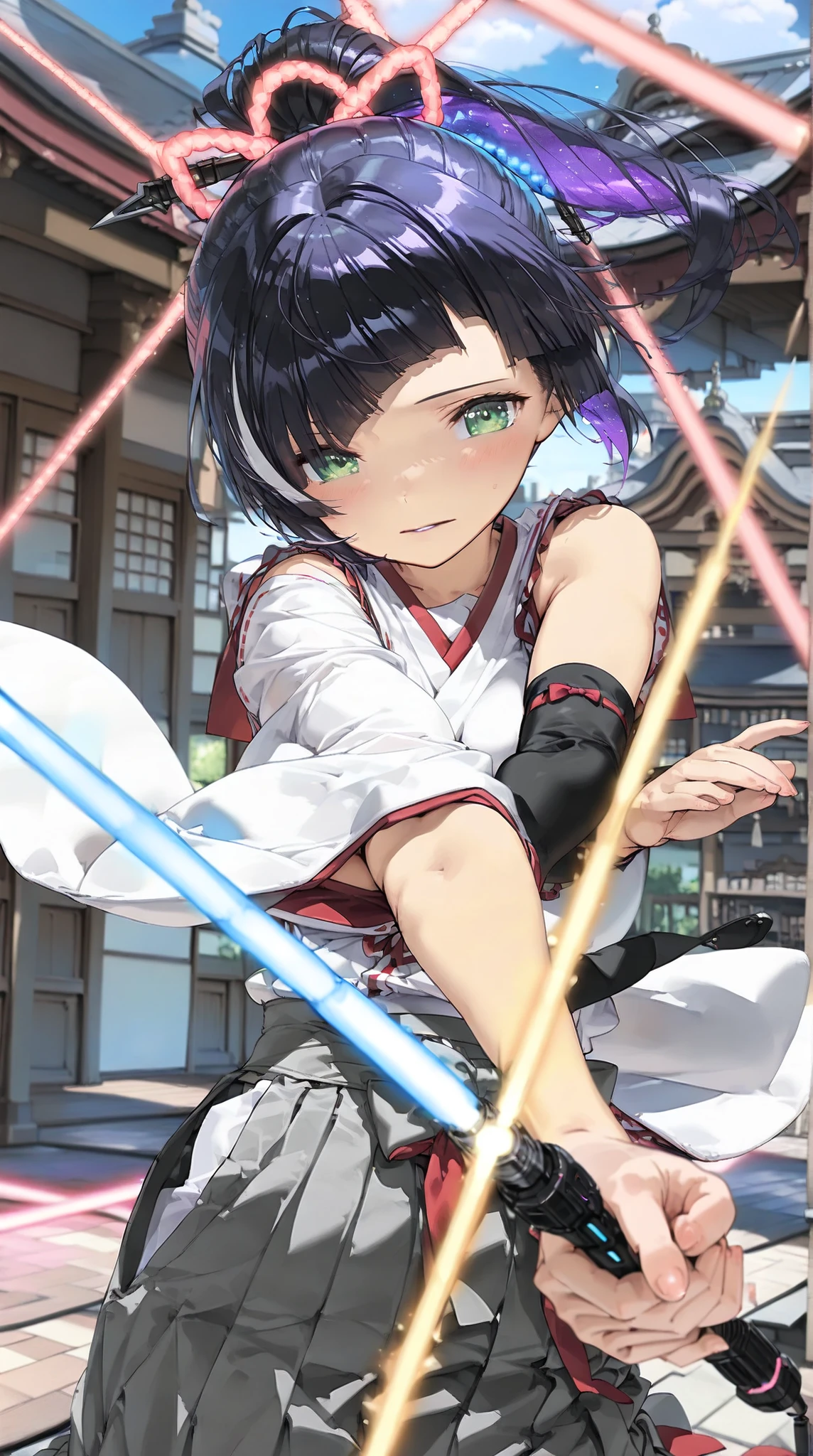 Battle Shrine Maiden(high resolution masterpiece, high resolution, High Accuracy in Selection, high resolution, top quality:1.2) (Cook Hold Subjective(masterpiece:1.5)super definition, high resolution, 8k) middle ponytail, diagonal bangs, hair covering eyes:1.3, Beautiful green eyes, middle ponytail, Blue droopy eyes, small breasts, Japanese shrine maiden uniform, (Full Body, FIT THE SCREEN) action pose, Futuristic lightsaber, lightsaber has glowing wires, dark purple sickle, neon laser blade sword, fantasy shot with a mirrorless camera,Sparkling Highlights, small breasts, ((modest gray small sleeve, modest black hakama)), Bare Shoulders, close-up, upper body, shining eyes, outstretched hand, futuristic city background