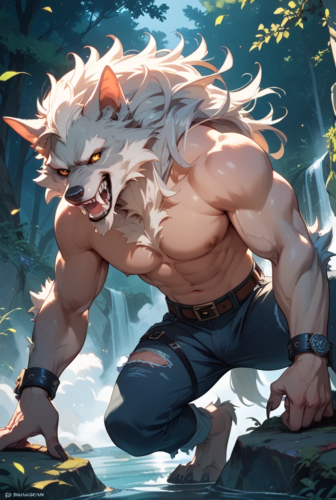 ultra-detailed, masterpiece, masterwork, high quality, best quality, hdr, (nature, night), posted on e621, (by darkgem), nsfw, male, solo, (white little body werewolf), canine, (long silver hair, yellow eyes, white body, roar), stylish pose, dynamic angle, bulge underpants