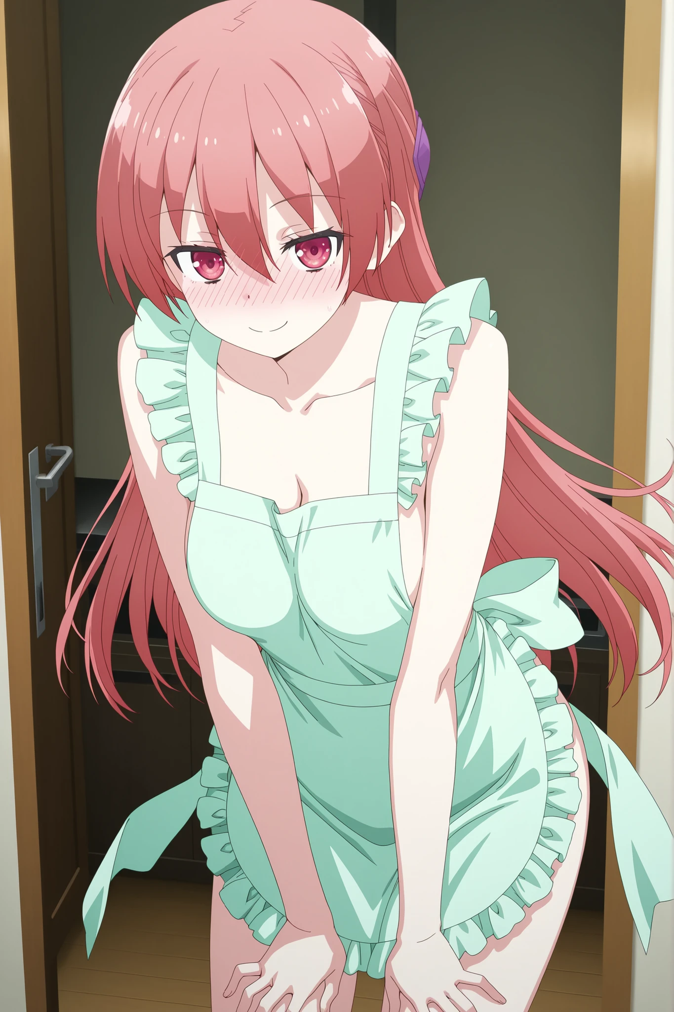 Tsukasa Yuzaki, naked apron,frills, half updo, 1girl, Tangan di dada, Body leans forward slightly, mata berkedip pelan, smile blushing