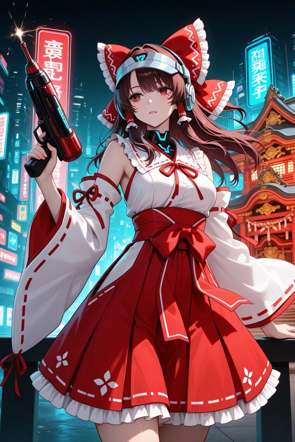 panoramic, ((Outlaw style and gun fighting stance)) ((in a red devil princess dress is best beautiful)), (hand holding gun is Colt Python, gripping Colt Python on hand), (solo straight black hair long hair cute evil girl, 18 yo, detailed red eyes, angry smile,bigboobs) is (Shooting:1.3 a gun of Colt Python with fire), break, (in the Downtown of Fukuoka, in night, background is Dark Sky), BREAK, perfect anatomy, masterpiece, best quality, 16k.