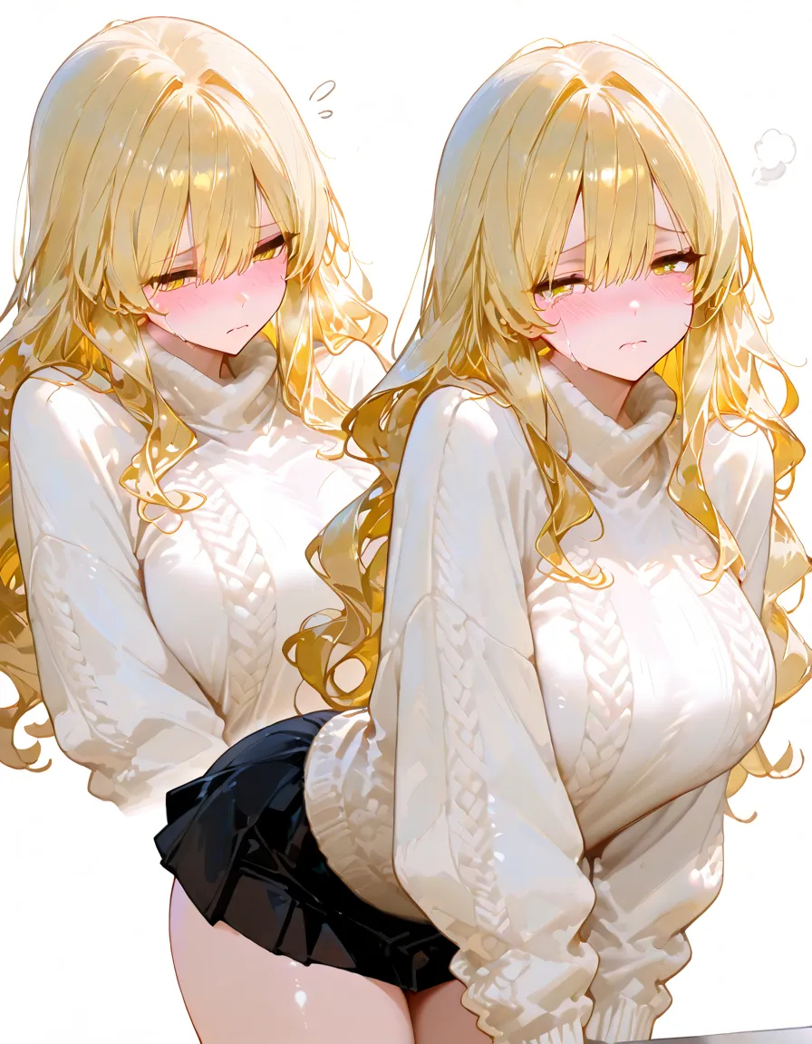 best quality, (masterpiece),(ultra-detailed), (high quality), (high resolution), ((3heads:1.5)), best quality:1.5, highres, UHD, 16K), smiling, highres, masterpiece, ((blonde hair)), (long hair), blushing, ((cinematic particles)), cowboy shot, ((black turtleneck shirt)), gray shorts, sharp looking eyes,, headband