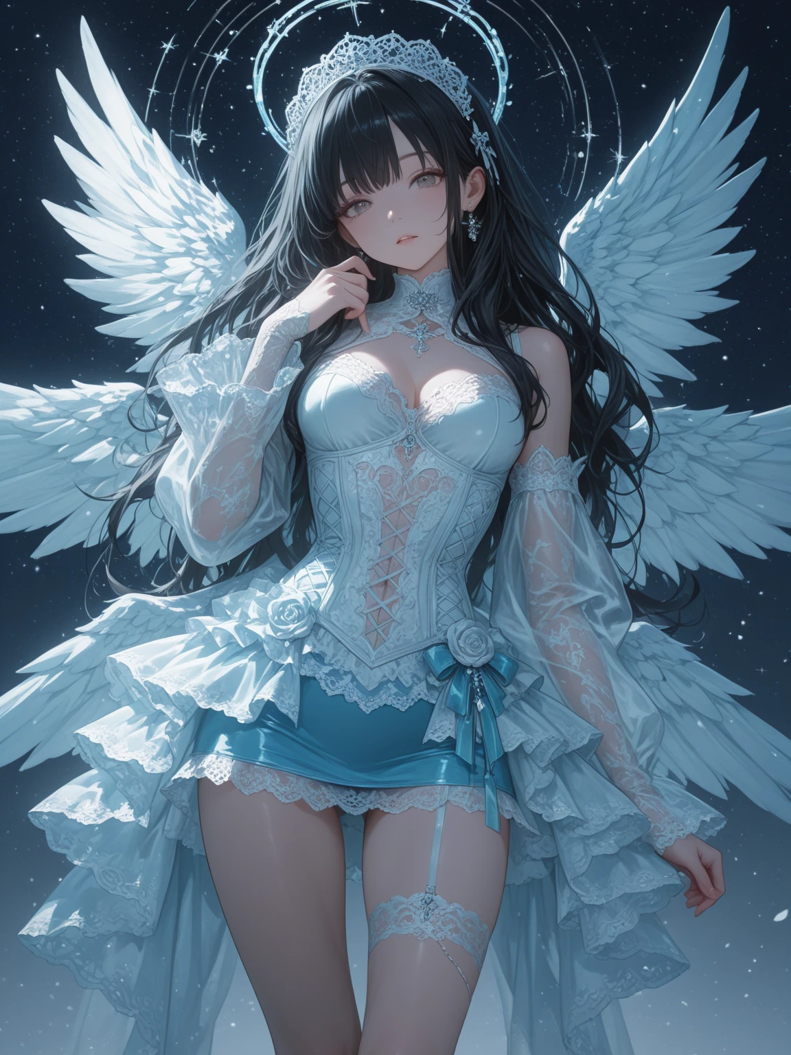 Adult woman in Lolita style posing for photo, Erotic look, Full body!!, angelic pretty, A dark-haired、pale-blue、Erotic Poses, white panties, White ruffled socks