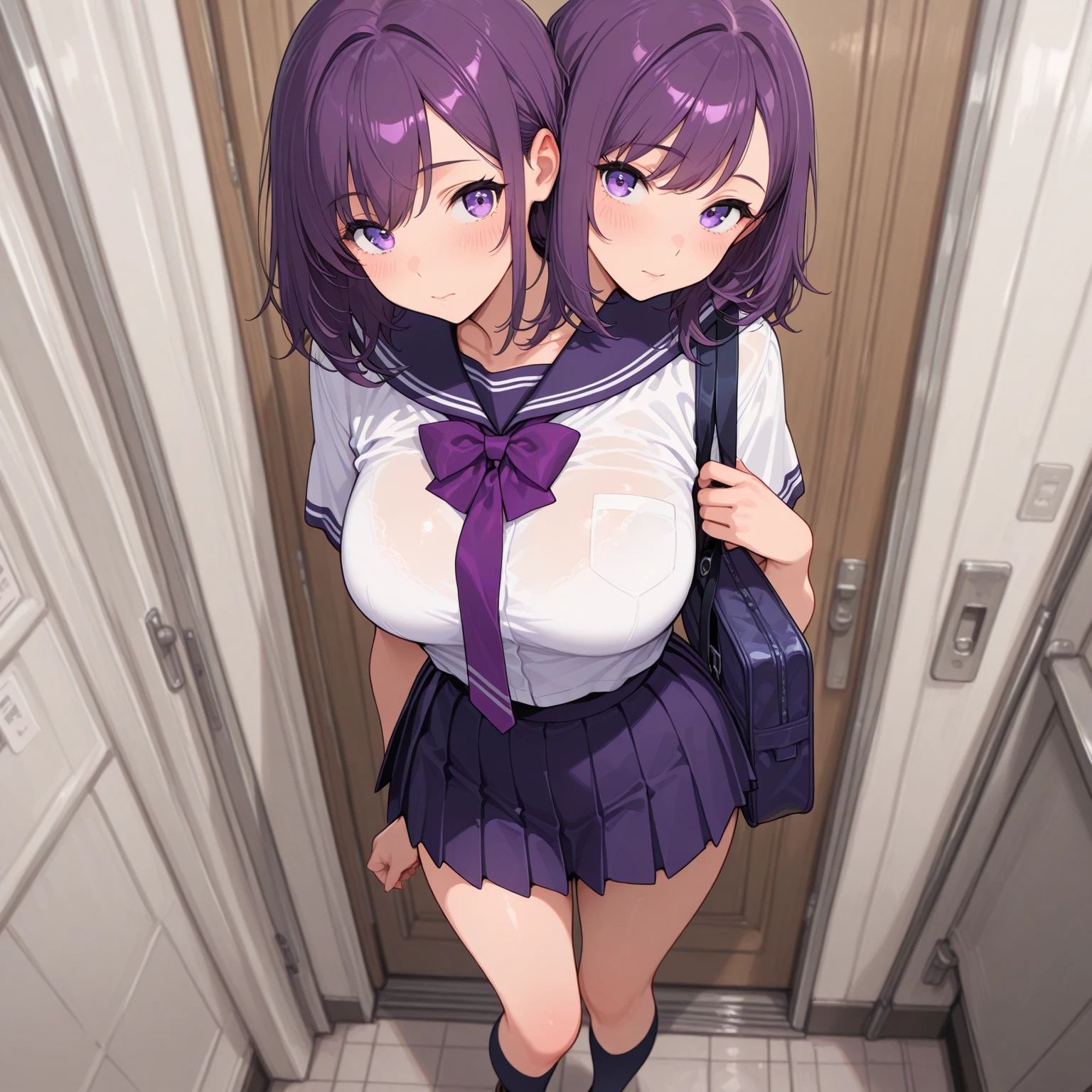 ((nsfw, nude,show off nipple,highest quality,aroused,beautiful busty,beautiful eyes,beautiful face,detailed eyes,beautiful pussy,side-tie panties, huge breasts,masterpiece, High resolution,best quality, masterpiece, high quality, insanely detailed, one girl,?????,stockings)), ((((one girl)))),(((ichika nakano,serafuku,side tie panties))), one-piece , breasts, pantyhose, blush, standing