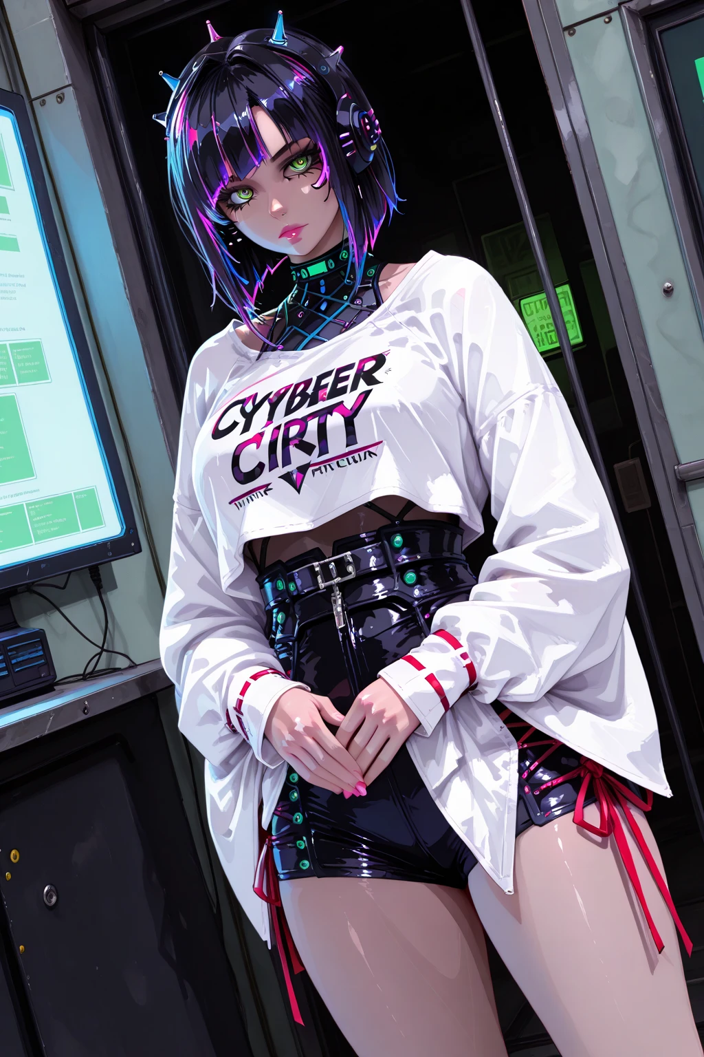 1girl, short hair,lucy \(cyberpunk\), cyberpunk,jacket,cyberpunk,neon lights,large breasts,cyborg,mask