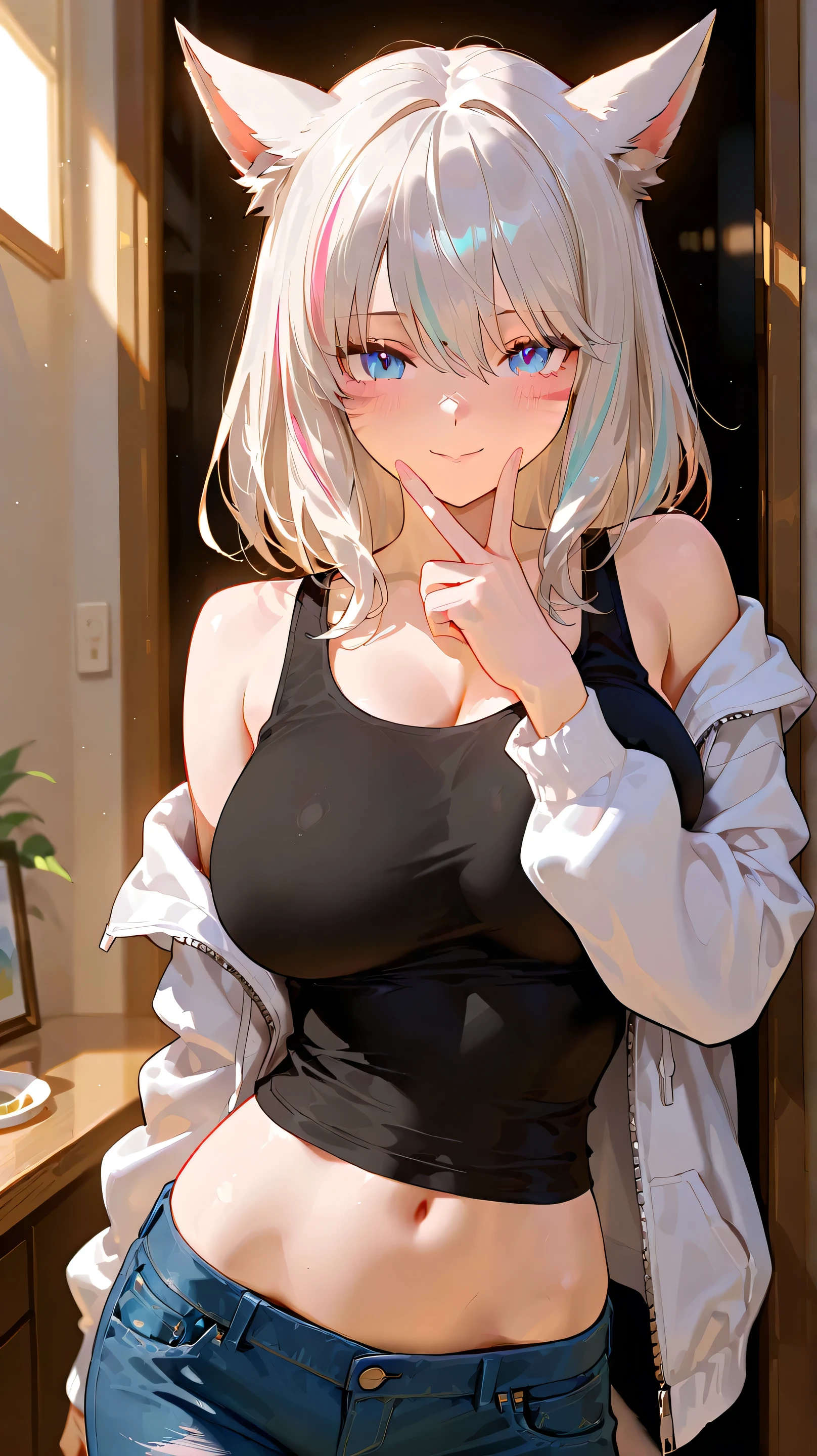 (white hair),(Curly hair with a lot of fluff:1.4),(short hair with curls:1.3),(With bangs),(rainbow colored eyes:1.25),Slight red tide,(Beautiful breasts spilling out of clothes:1.3),(The eyes are shining brightly:1.2),(eye size:1.7),(Bedroom with morning sunlight:1.23),(cute girl&#39;s room:1.35),(Dabo Dabo T-shirt:1.3),(rubbing eye:1.25),(close up of face:1.4),(perspective from above:1.3),(face when waking up:1.3),(beautiful body),(Older sister sitting on the bed),