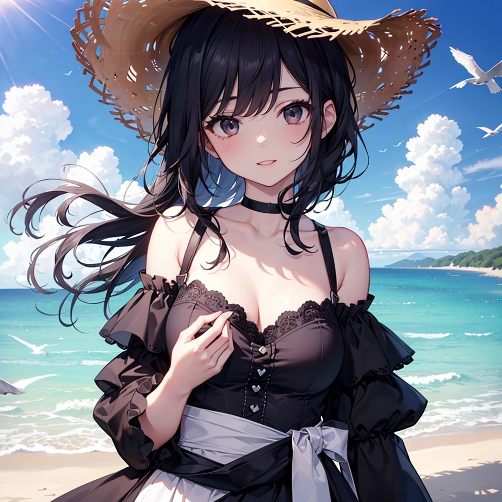 solo, female, tall, elegant, sunglasses, broad shoulders, pixie cut, black hair, pale skin, athletic, very tall, sober bikini, black clothes, small smile, luxurious beach, classy, professional, earpiece, muscular, cute pose, seams on skin, abs, shawl, white sun hat, side-tie bikini skirt, pareo, pinup pose, smooth skin, broad shoulders, large woman