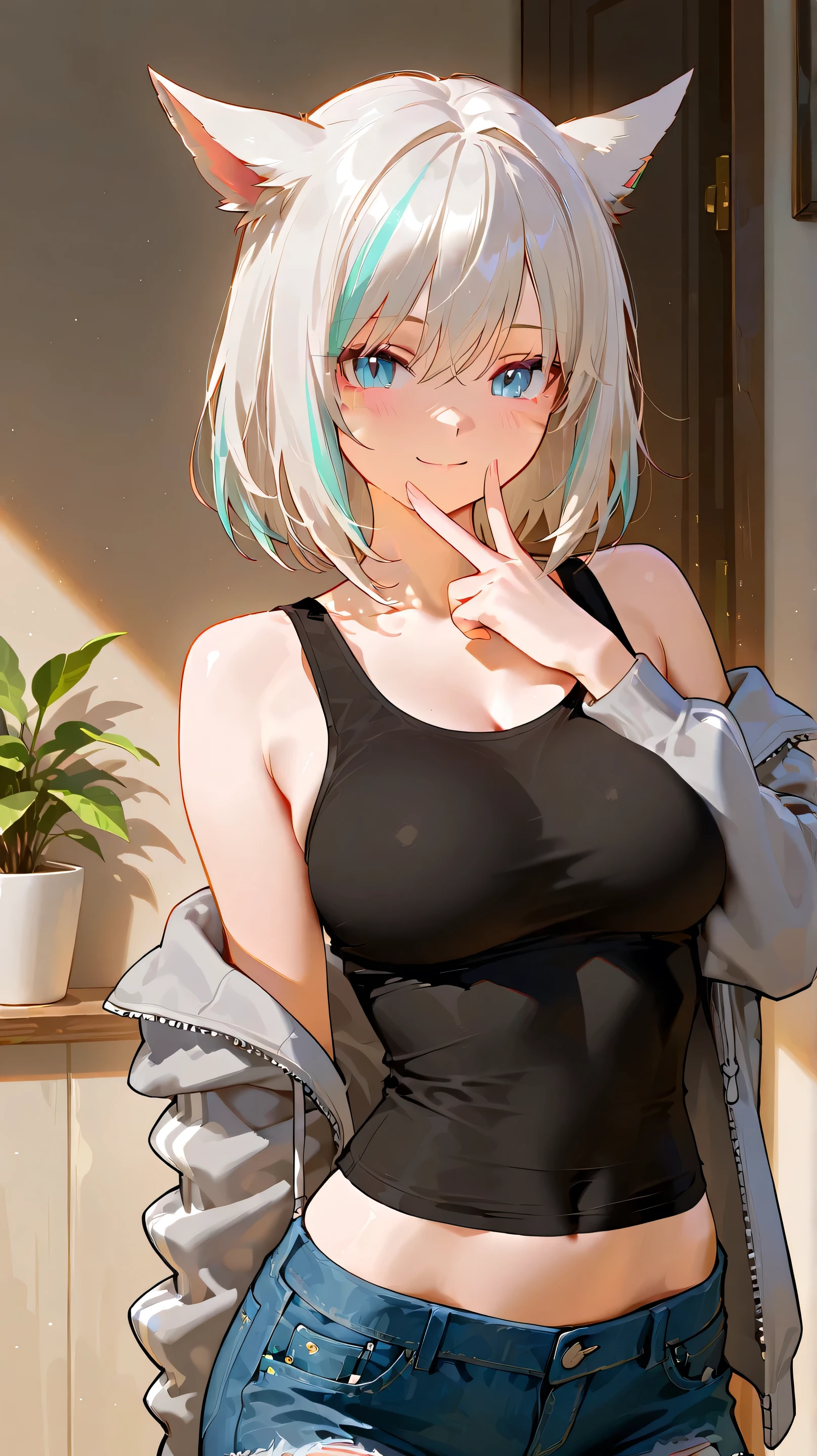 (masterpiece), (best quality), (High quality), BREAK, expressive eyes, perfect face, 1girl, (grey cat ears: 1.5), BREAK, (medium hair, grey hair, pixie cut), BREAK, (big eyes, perfect eyes, blue eyes, thick eyelashes), BREAK, (thin eyebrow), BREAK, (short height), slim bulid, BREAK,  shy smile, BREAK, (medium breasts), BREAK, (green cropped sweater: 1.4), (black shorts: 1.4), BREAK, (standing), ((moe heart sign)), cowboy shot, full body, view from above, (city background), looking at the viewer