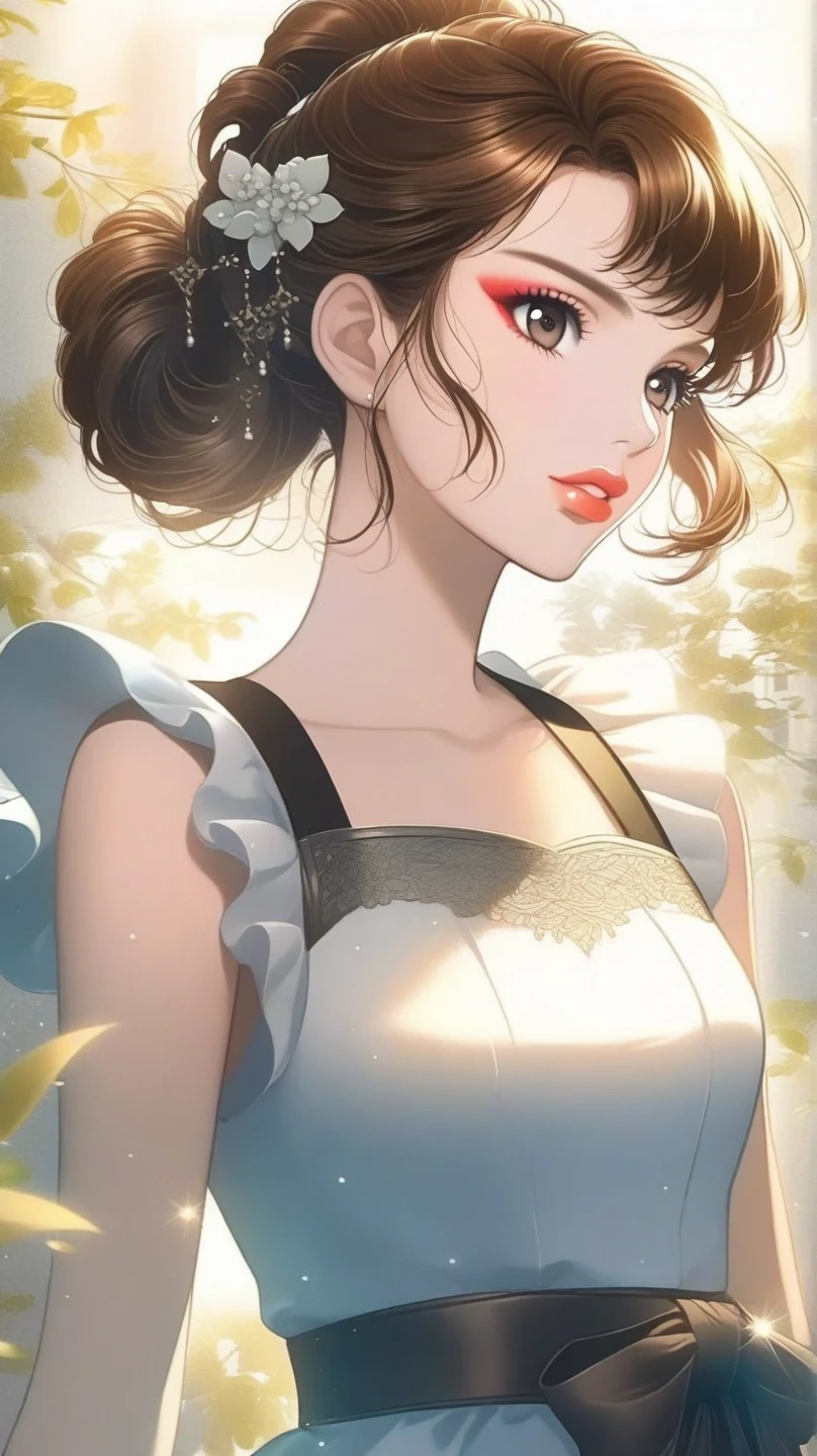 (masterpiece:1.4),
(best quality:1.4),
ultra-high res,
8K, CG,
(extremely delicate and beautiful:1.2),
upper body,
from side,
looking at viewer,
1girl,
solo,
fashi-girl,
mature girl,
cute, sweet,
in the wheat field,
blurry background,
long brown hair,
ponytail hair,
brown eyes,
closed mouth,
red lips,
white dress,
medium breasts,
