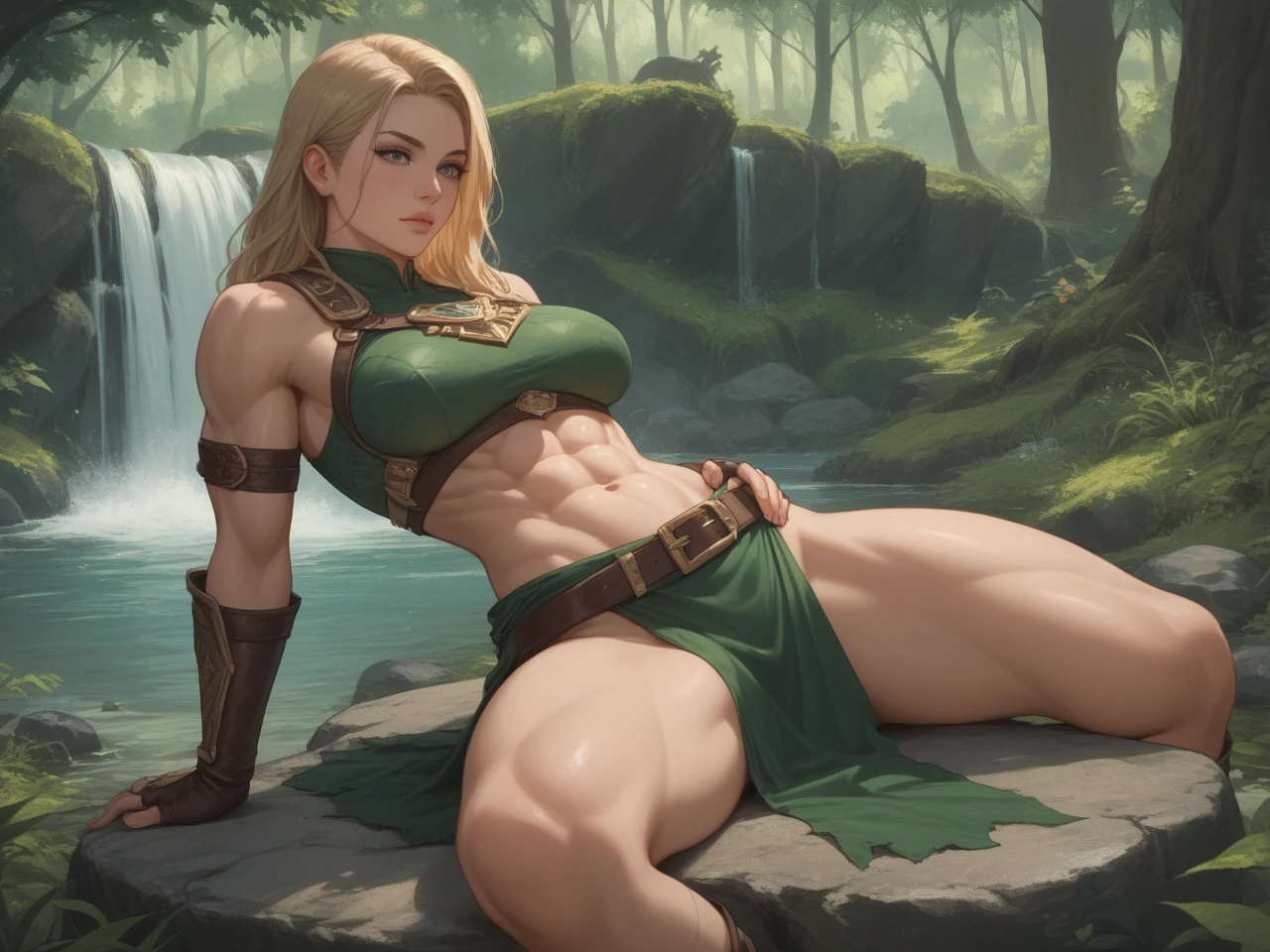 A queen elf in the middle of forest,illustration,oak tree,sparkling river,enchanted atmosphere,magical creatures,dappled sunlight,ethereal beauty,peaceful tranquility,elven crown,flowing gown,graceful posture,ancient ruins,mysterious fog,whispering breeze,(best quality,4k,8k,highres,masterpiece:1.2),ultra-detailed,(realistic,photorealistic,photo-realistic:1.37),fantasy,earth tones,warm glow. ((smile)),((lauiuscle:1.5)),(dry_muscle)),((huge_muscle:1.5)), female:1.5,Dark from front, upper_body, laugh, flex muscle,
