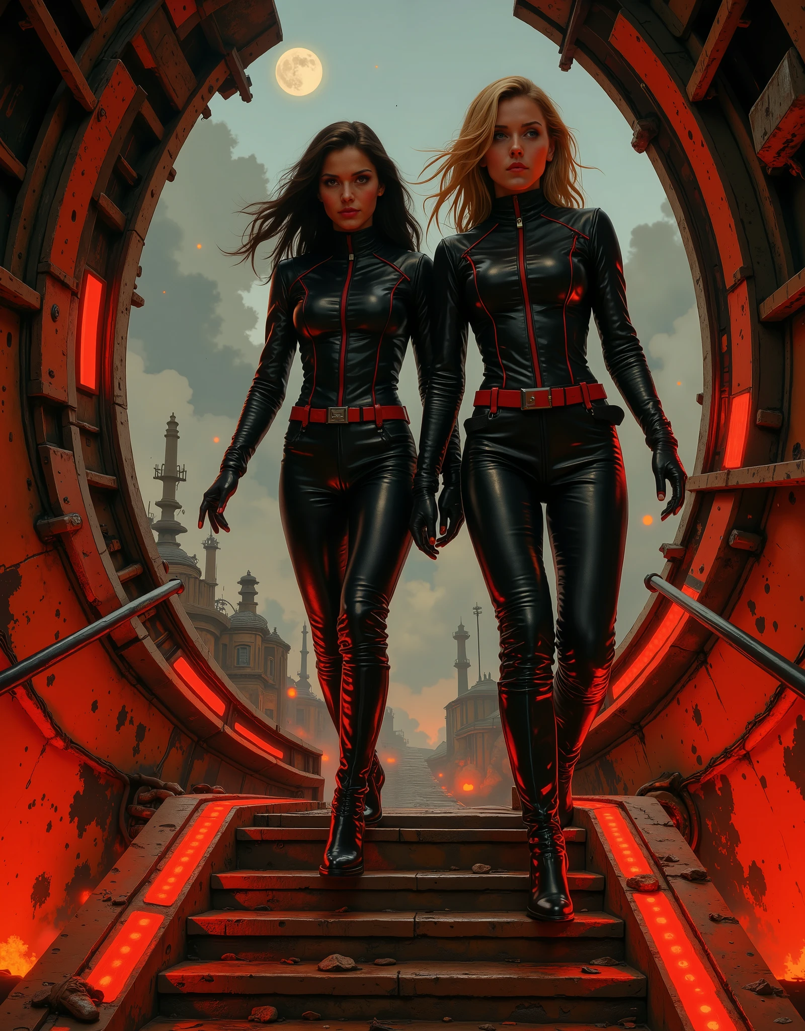 two space girls stepping off a spaceship on to an alien world, dressed like Italian sci-fi girls from the '60s, black leather space suits, red trim, and zippers, tight, revealing, the planet is shrouded in fog and lit like the Mario Bava film Planet of the Vampires, very retro, -- lurid vivid colors, retro 60s sci-fi horror movie aesthetic, bloody, gory, scary, movie poster vibe, bold colors, detailed, erotic, NSFW, lurid and vivid colors, detailed, intricate, gouache paints, European fumetto style, Frazetta, Mort Künstler, Basil Gogos, Graham "Ghastly" Ingels, volumetric lighting, classic horror comic aesthetic, Muted colors, high-contrast, sepia tones, chiaroscuro lighting, grainy texture, Dutch angles, low-key lighting, deep shadows, wide shots, voyeuristic framing, retro mise-en-scène, noir palette, Giallo vibrancy, smoky ambiance, cinematic composition, detailed, intricate, medium contrast, murky red and green back lighting, volumetric lighting, Frazetta, James Bama, Jim Steranko, Bernie Wrightson, lurid and vivid, NSFW, perfect anatomy, masterpiece, HD, 8x, "anatomically correct human" "realistic proportions" "natural human pose" "full figure, accurate anatomy" "correct fingers and joints" --"1970s Giallo cinema, moody lighting, chiaroscuro, Italian pulp comic color palette, saturated reds and greens, film grain, foggy lens, dramatic shadows, unnatural angles,