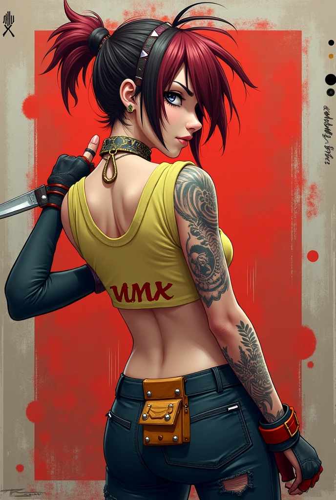 girl similar to gorillaz noodle, ((drawing)) , with a red mohawk, multiple tattoos and scars. She is wearing only underwear, striped knee-high socks, and black boots. The character is carrying a large green rocket launcher on her shoulders, with a small toy tank at her feet. She also holds a dangling pink doll in one hand. The background is a solid yellowish color with a worn and aged appearance, giving the image a retro style. a touch of humor and quirky elements."
