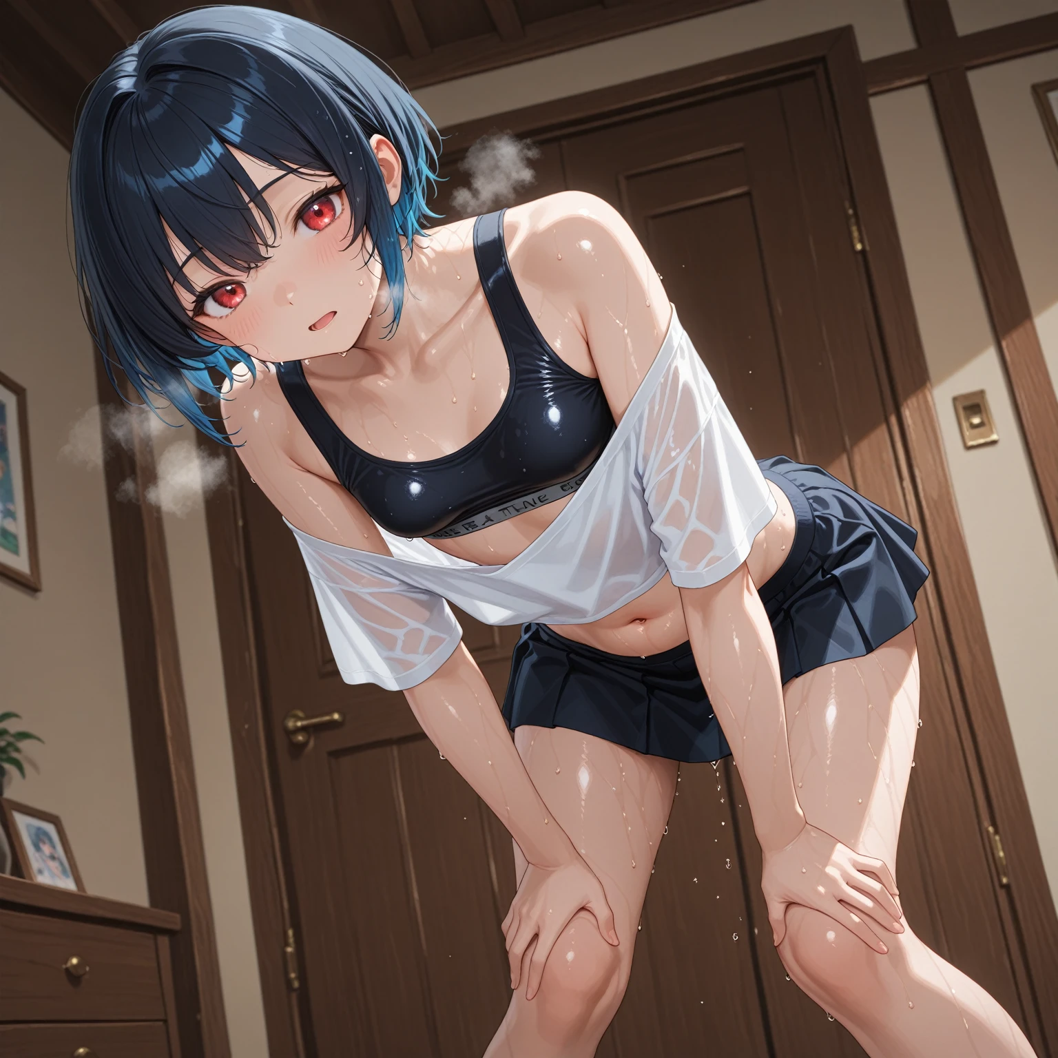 girl、solo、((dark skin))、bikini、(((((micro bikini)))))、((ultra small bikini))、((Protruding nipples:1.5))、(Wet limbs)、short hair、Parted bangs、(((flat breasts)))、((skiny)), blush、Spread legs, sitting tiptoe、Crotch cleft emphasis、(((Pussy line)))、Crotch close-up、(((low angle)))、Poolside、oily skin, Brush your hair with your hands、