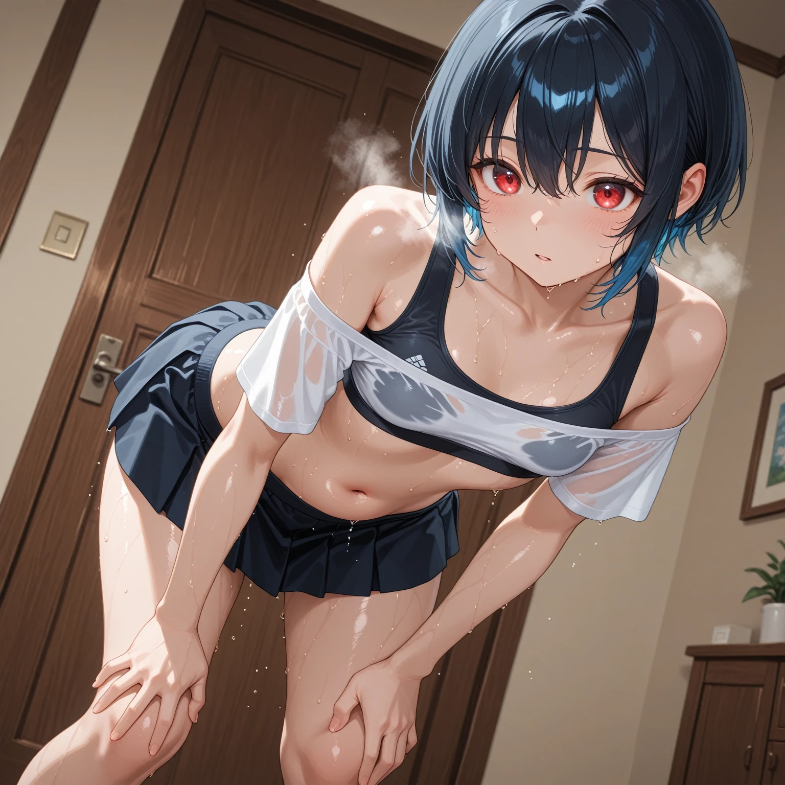 best quality, very aesthetic, Super detailed, best illustration, Dark blue one piece school swimsuit, nsfw, pussy focus, 1girl, おっぱい, aroused, sex, black_hair