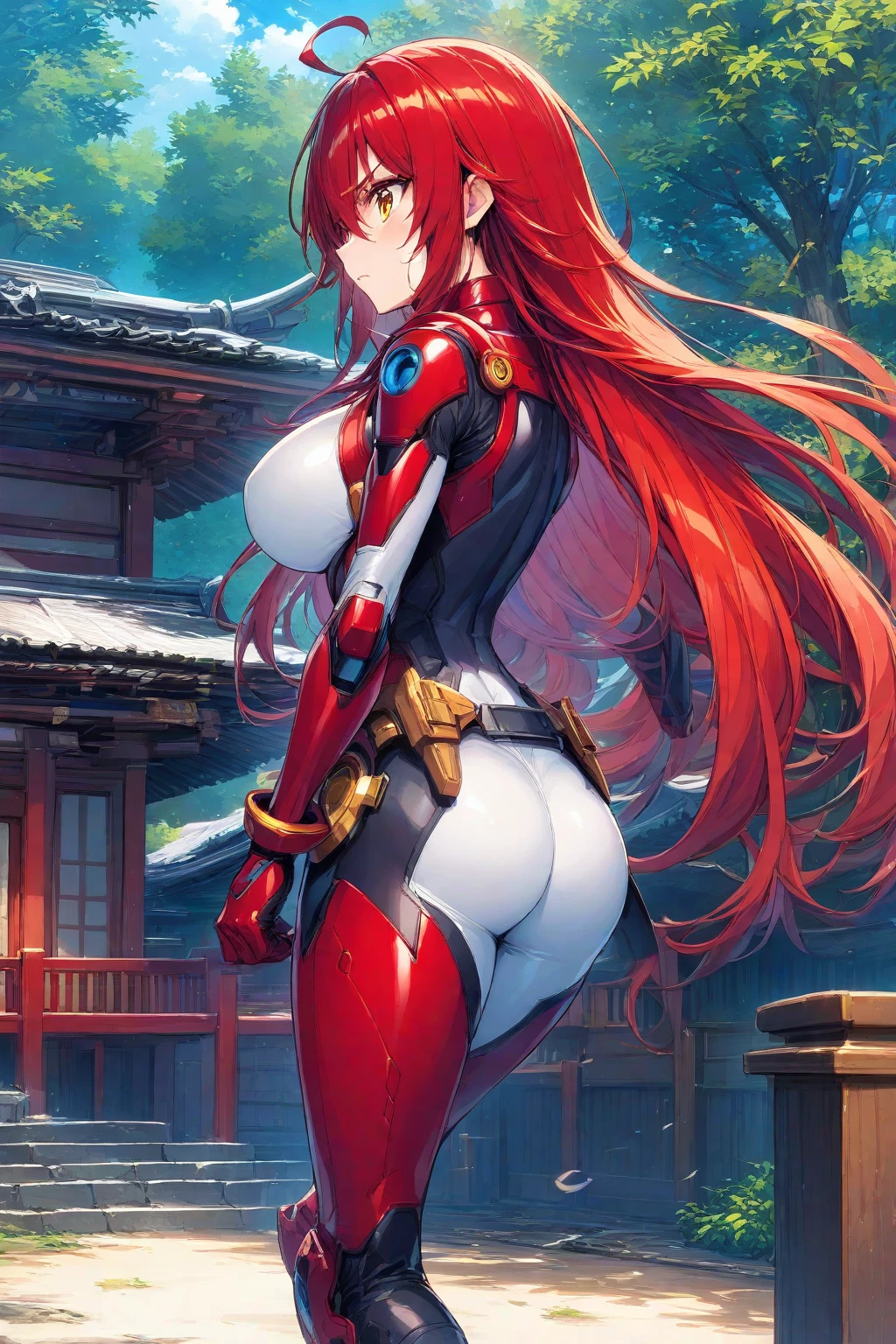 1 female,43 yeas old,huge-breasted,Pornographic exposure, 独奏,(Background with:bamboo forrest,lotuses,lotus flower,exteriors,Lotus pond) She has long bright red hair,dual horsetail,Station,seen from the front, hair straight, mostly cloudy sky,(((tmasterpiece),(Very detailed CG unity 8K wallpaper),best qualtiy,cinmatic lighting,detailed back ground,beatiful detailed eyes,Bright pupils,Black eyes,(Very fine and beautiful),(Beautiful and detailed eye description),ultra - detailed,tmasterpiece,)),facing at camera,A high resolution,ultra - detailed),revealing breasts,Bare genitalia, Bulge,legs are open,Raised sexy,Camel toes,Flushed complexion,Desire for dissatisfaction,frontage,(Wearing:Evangelion Asuka set,orange leotard,Red Iron Man uniform,)cyber punk style