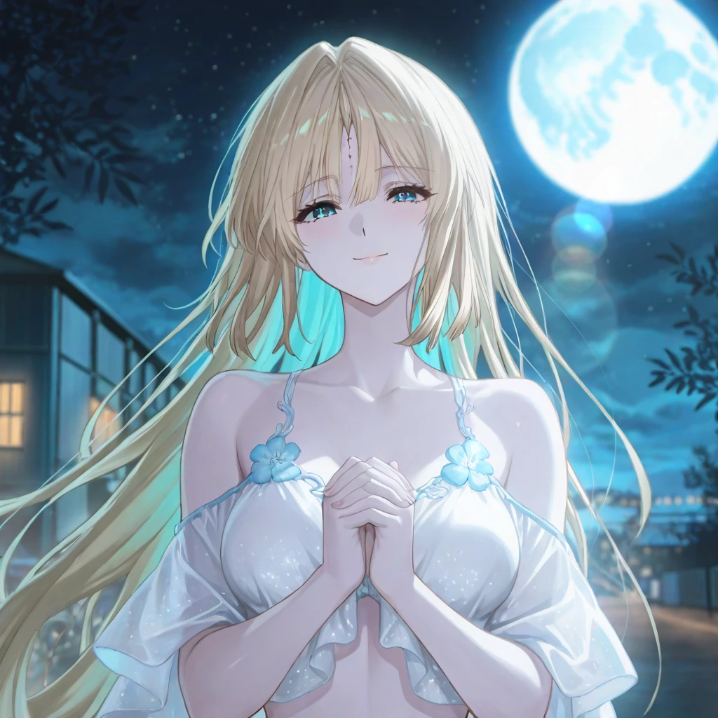One woman, masterpiece, best quality, beautiful woman, big eyes, golden eyes, blonde, hime cut, long hair, moon hair accessory, white dress, moon, night, floating in the sky, anime