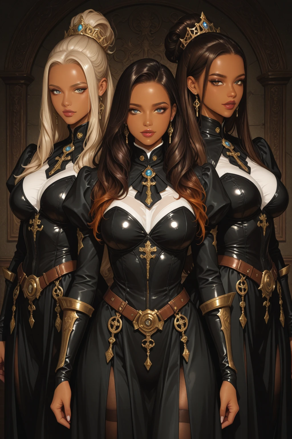 three sisters of different ages, german womens, detailed face perfect face, detailed face, sexy, lesbians, witches,catholic, using sexy armor, full body background in berlim