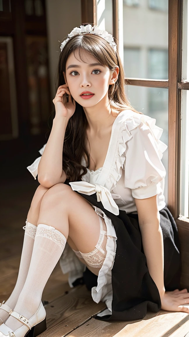 (master piece:1.2,8K resolution, Raw photo, best quality, ), High-definition color photos, professional photos, (Reality, realistic photo:1.37), ((full body photo, full body)), （30 year old beautiful Korean adult woman）, cinematic light, (Beautiful face with double eyelids:1.5), (full body photography), (best quality:1.2), ((large and impressive eyes, Beautiful eyes with double eyelids)), (Mouth closed and smiling:1.2), (Looking at Viewer:1.2), （crouching in front of the viewer, You can see the panties when you squat down）, (white panties), Panties fully visible, (Detailed maid outfit in black and white:1.2),long beautiful legs,big breasts,(Beautiful face brightly lit by natural light), Please show your crotch to the viewer,Make eye contact with your audience, Photographed at the Palace of Versailles, Pose with hands on cheeks, seaweed