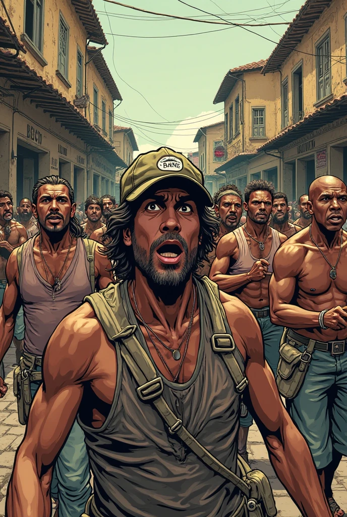 The half naked robbers in robber dress running and panicking to left and a lot of Normal city people chasing them with bike,cars with big bat sticks to beat them up at mid night in Bangladesh . funny catoonish