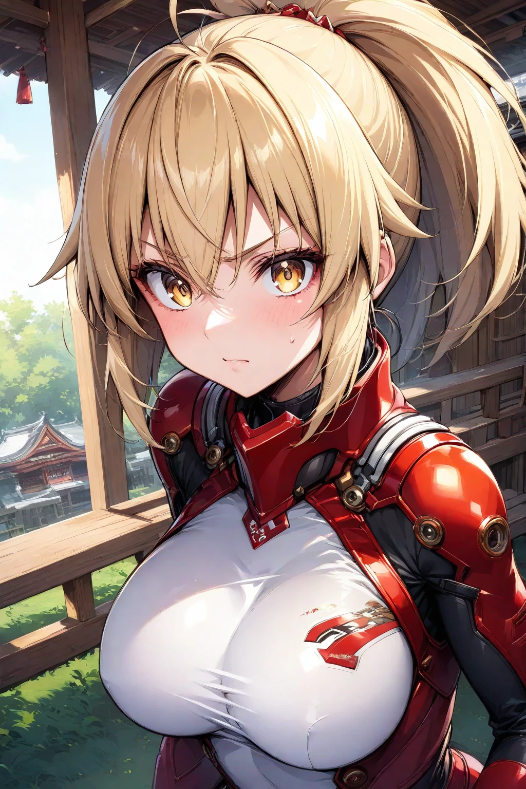 best quality, masterpiece, High resolution,, 1 girl, Detailed face, (Upper Body:1.6), actual, Rich in details, (Beautiful body:1.4),Red translucent armor,Arm mecha,blonde short hair,Long ponytail hairstyle,Huge Breasts,cleavage,Pistol hanging from waist,fighter pilot,fighter hangar,Sexy,lipstick,Golden Eyes,stockings,Short skirt,Nipples exposed