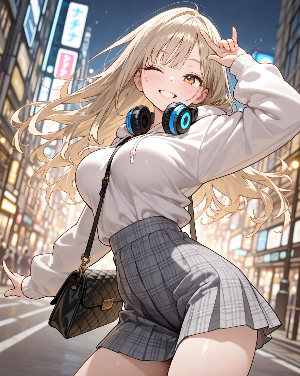 masterpiece, best quality, ultra detailed, insanely detailed, hyper detailed, woman, smiling, walking, looking at viewer, brown eyes, jitome, detailed face, light brown skin, tall, slender, sweater, shorts, teenager, japanese, outside, on the street, with shooting stars, in the evening, with rain, cel anime, sharpen, blue, ahoge, semi long, blue eyes, green background, medium shot, intense wide shot, glad, with fox ears, mole, blonde