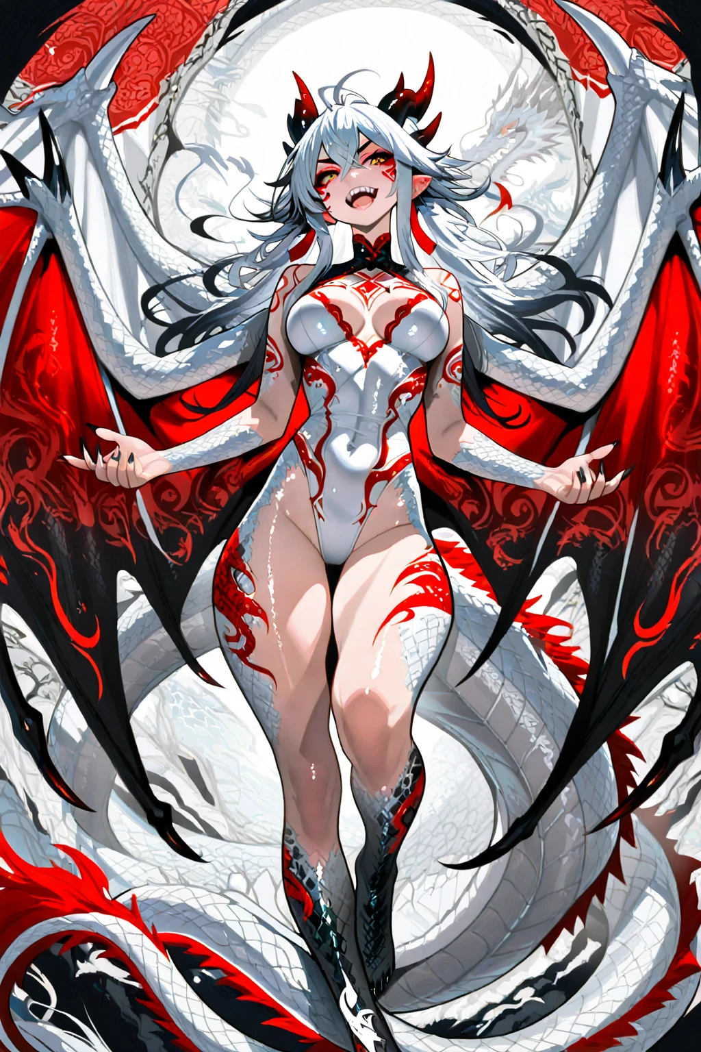(high quality, 8k, 4K, high contrast, artwork:1.2, high quality, best aesthetics), ((1 woman)), erotic, sensual, mature body, super detailed, beautiful face detailed, detailed beautiful mouth, perfect breasts, wide thighs, sexy body, white hair, long white hair, straight white hair, red eyes, long eyelashes, serious expression, dominant, penetrating gaze, red lipstick, long dark red dress, neckline, blood wings, red halo, centered, standing erect, looking at the viewer.