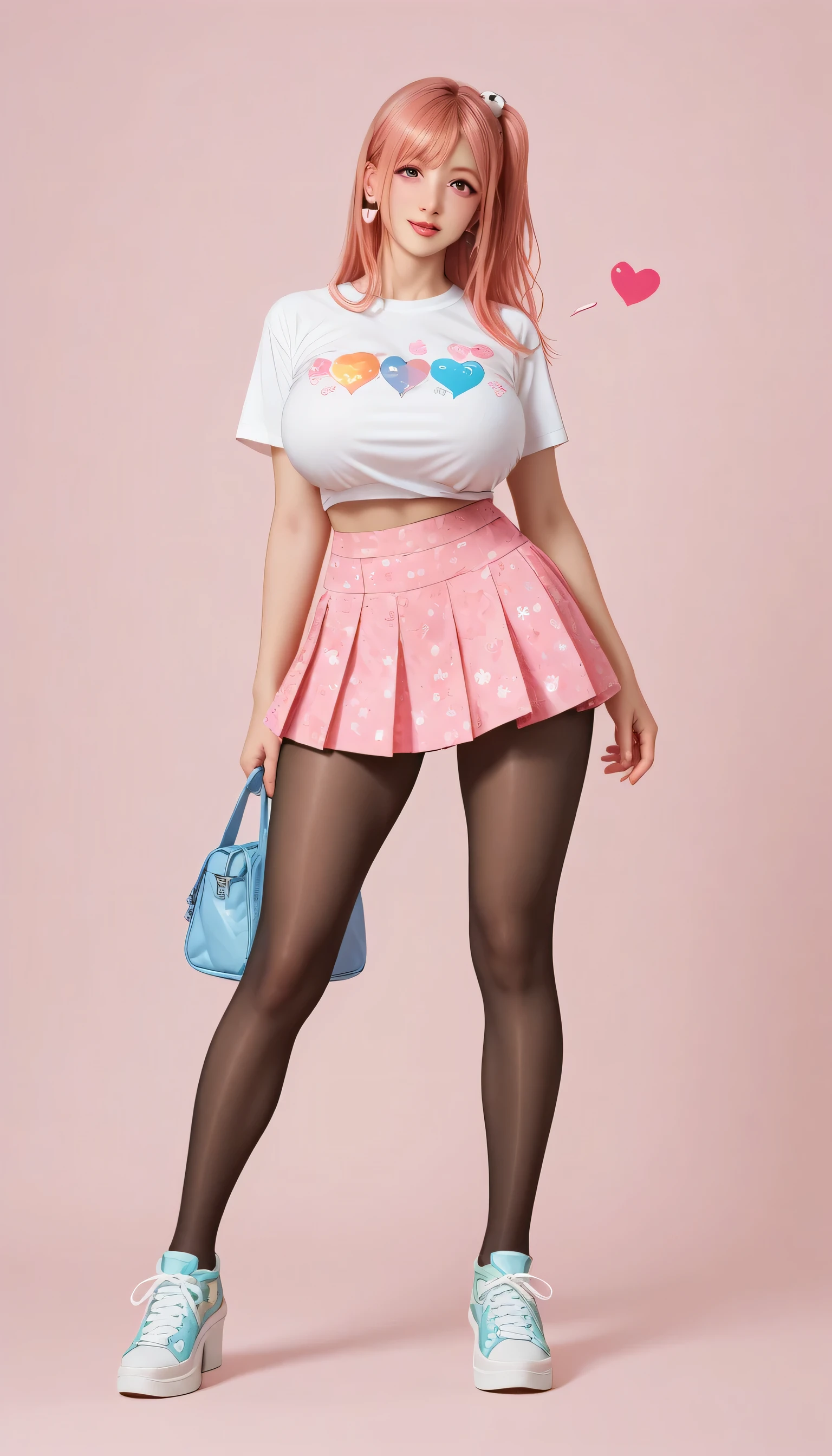 Japanese beautiful girl, huge breasts, ,乳沟,低胸, ,earrings,, abstract background, colorful background,long legs, pantyhose, sneakers, riding a bike
playfully, , many little hearts, honoka, pink hair, She winked with one eye, and made a playful expression. one eye open, one eye close, Her skin glistens with oil, her massive breasts, mini skirt, standing, high heels