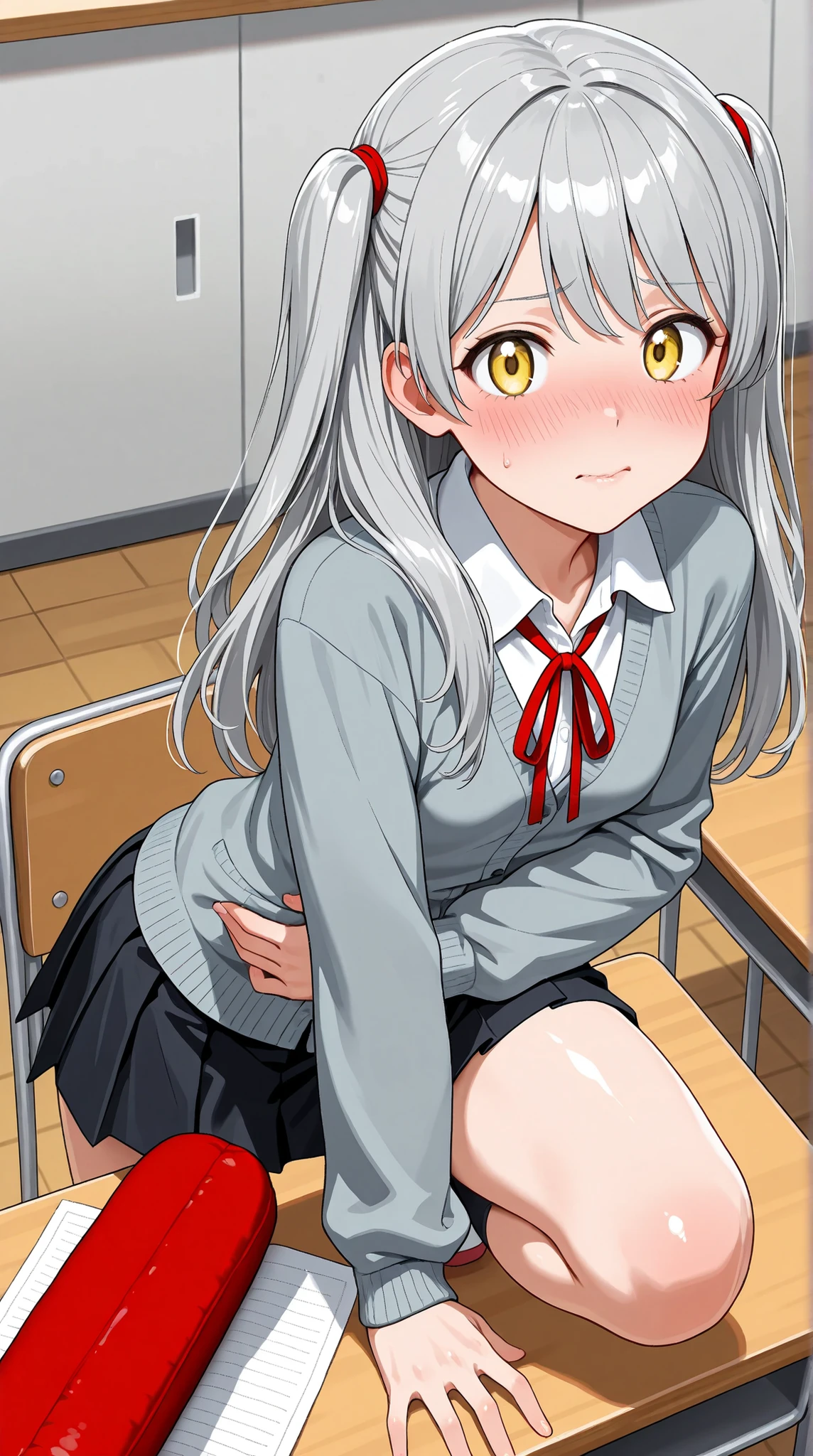 8K (high resolution) (Super Detailed) (masterpiece) (top quality) anime illustration taste detailed eyes detailed face Feminine Detailed Hands Delicate hair detailed wrinkles on clothes fine skin healthy skin tone with ro in the background solo early 10s Yellow Eyes Childish appearance young face (Grey Hair) Long hair Tie one back hair bungs red ribbon on the side of the head (small tits) flushed cheeks embarrassed expression Student uniform skirt cardigan A bearded seat on a classroom desk stand on one knee dynamic pose dynamic angle