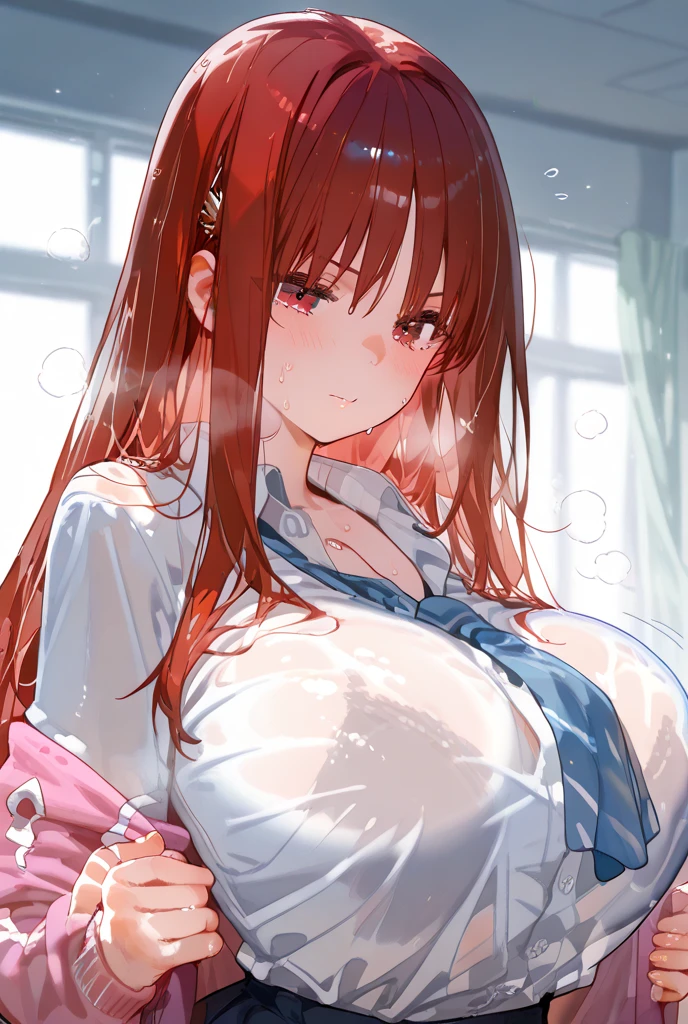 (Kaede Johan Nouvel,Long hair),nsfw,steam,hotel room,(Heavy breathing,sweat, Sweaty and wet all over,)cowboy shot,Looking at Viewer,((gigantic breast,nipple,))((paizuri,breasts blowjob,breast squeeze,sweat, semen,cum on hair and face,holding her breast with both hands,penis,ejaculating penis,)),(full nude,)((half open eyes,)),(shyly,Close mouth,grit teeth),